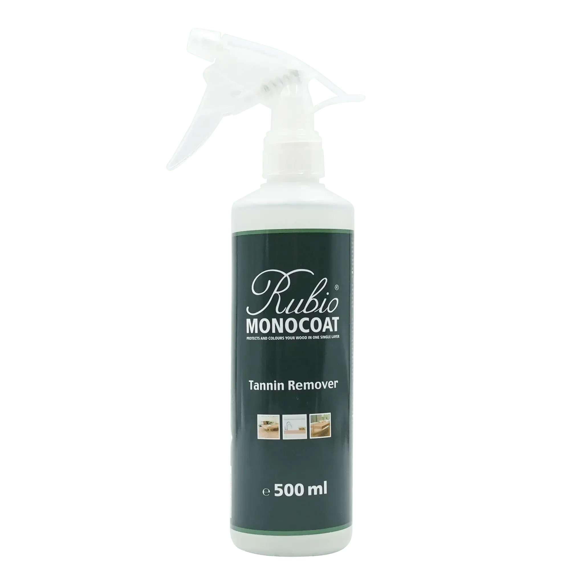 Hvid sprayflaske med mørkegrøn etiket, Rubio Monocoat Tannin Remover 500 ml, til fjernelse af pletter på træ.