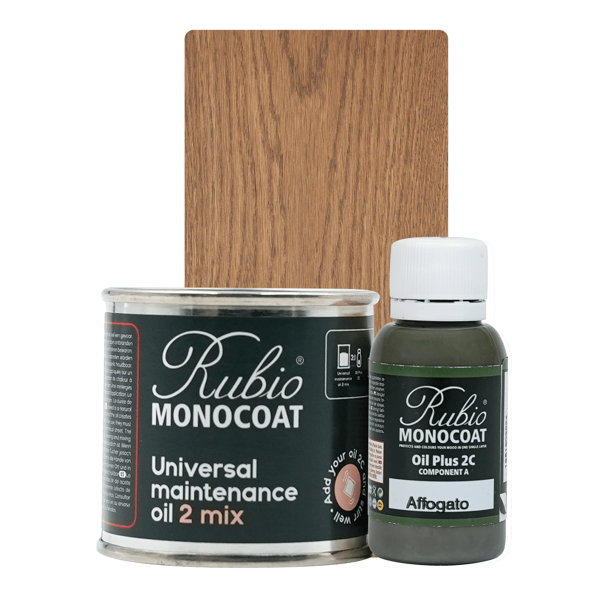 Rubio Monocoat Universal Maintenance Oil 2 Mix sæt med stor dåse og lille flaske samt træprøvepanel.