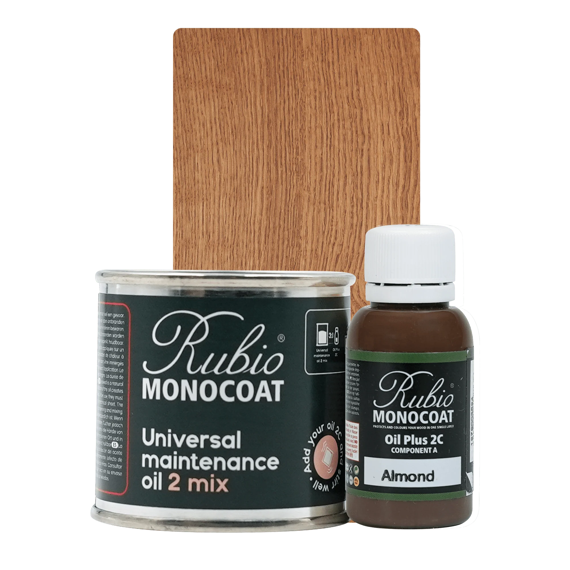 Rubio Monocoat Universal Maintenance Oil 2 Mix med dåse og flaske til træbehandling indendørs.