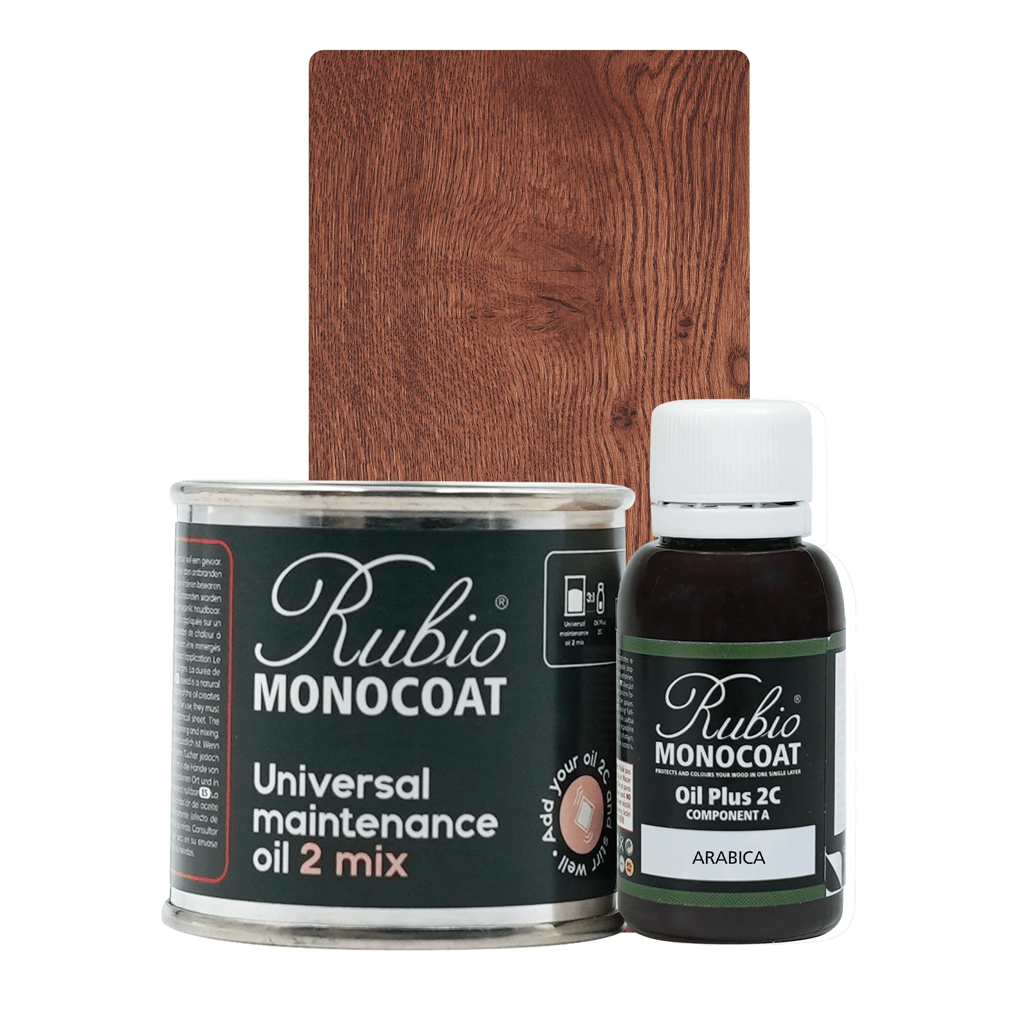 Rubio Monocoat Universal Maintenance Oil 2 Mix sæt med dåse og flaske samt mørkt træprøvebord.