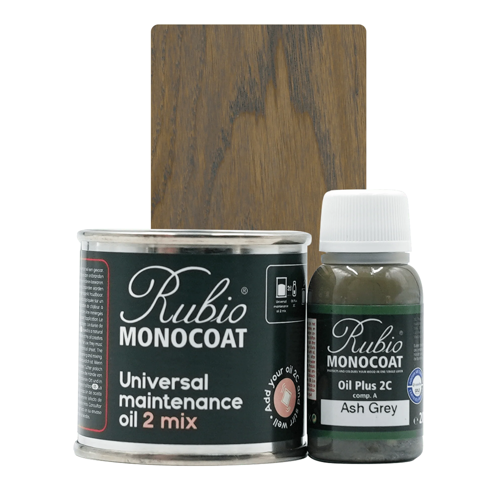 Rubio Monocoat træolie sæt med universal maintenance oil 2 Mix og Oil Plus 2C i Ash Grey.
