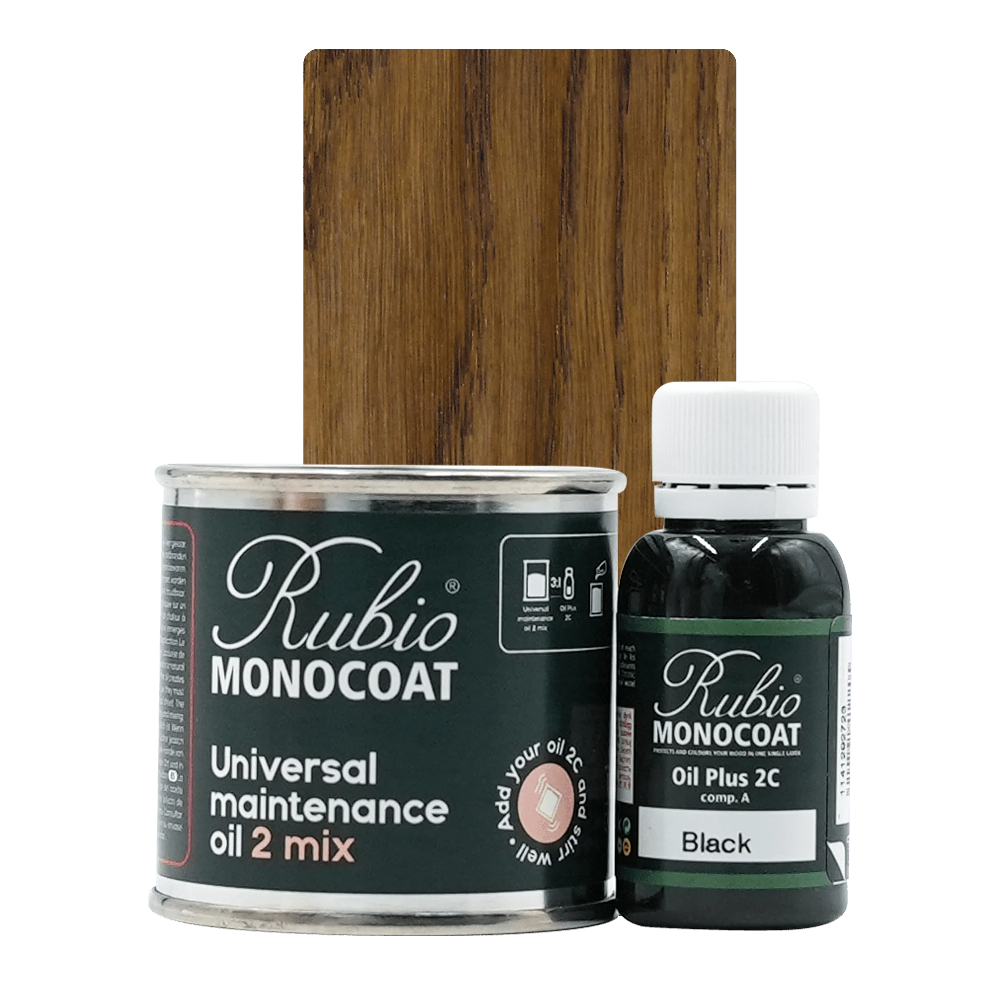 Rubio Monocoat Universal Maintenance Oil 2 Mix sæt med metalbeholder og plastikflaske foran træprøve i mørk brun nuance.