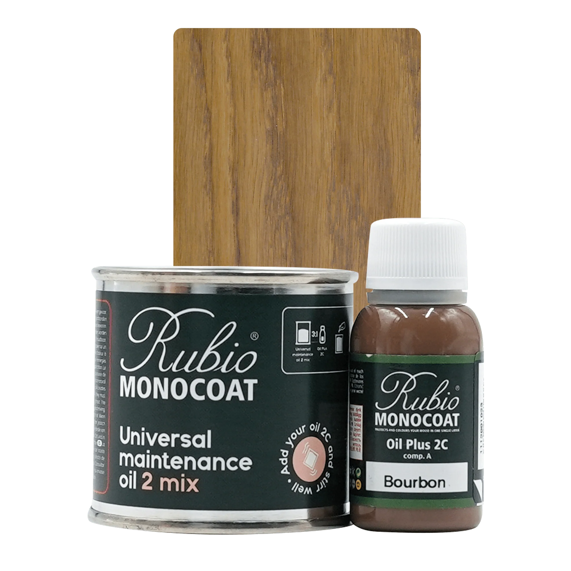 Rubio Monocoat universal vedligeholdelsesolie 2 mix, mørk træolie dåse og flaske.