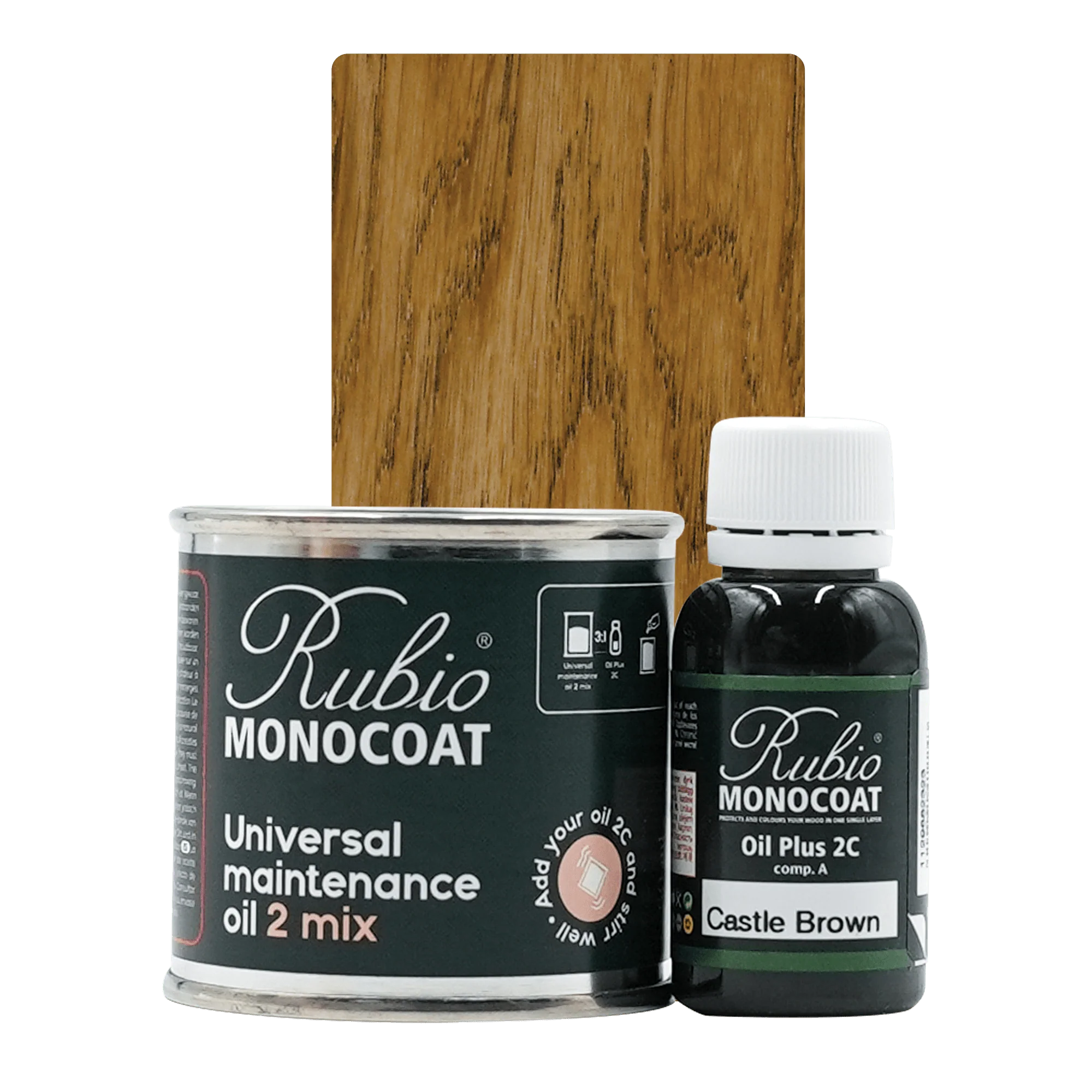 Sæt med Rubio Monocoat Universal Maintenance Oil 2 Mix i Castle Brown, metalbøtte og plastikflaske.