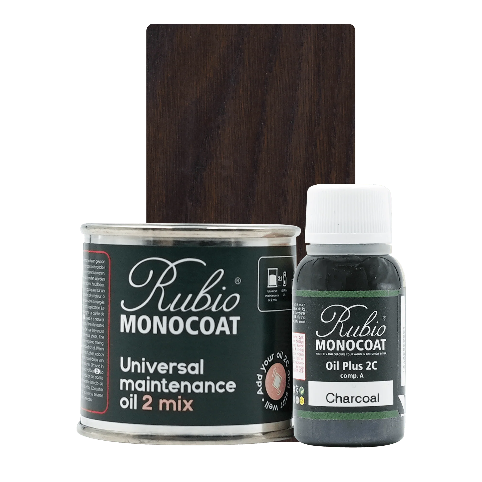 Rubio Monocoat Universal Maintenance Oil 2 Mix sæt med træolie i mørk kulør.