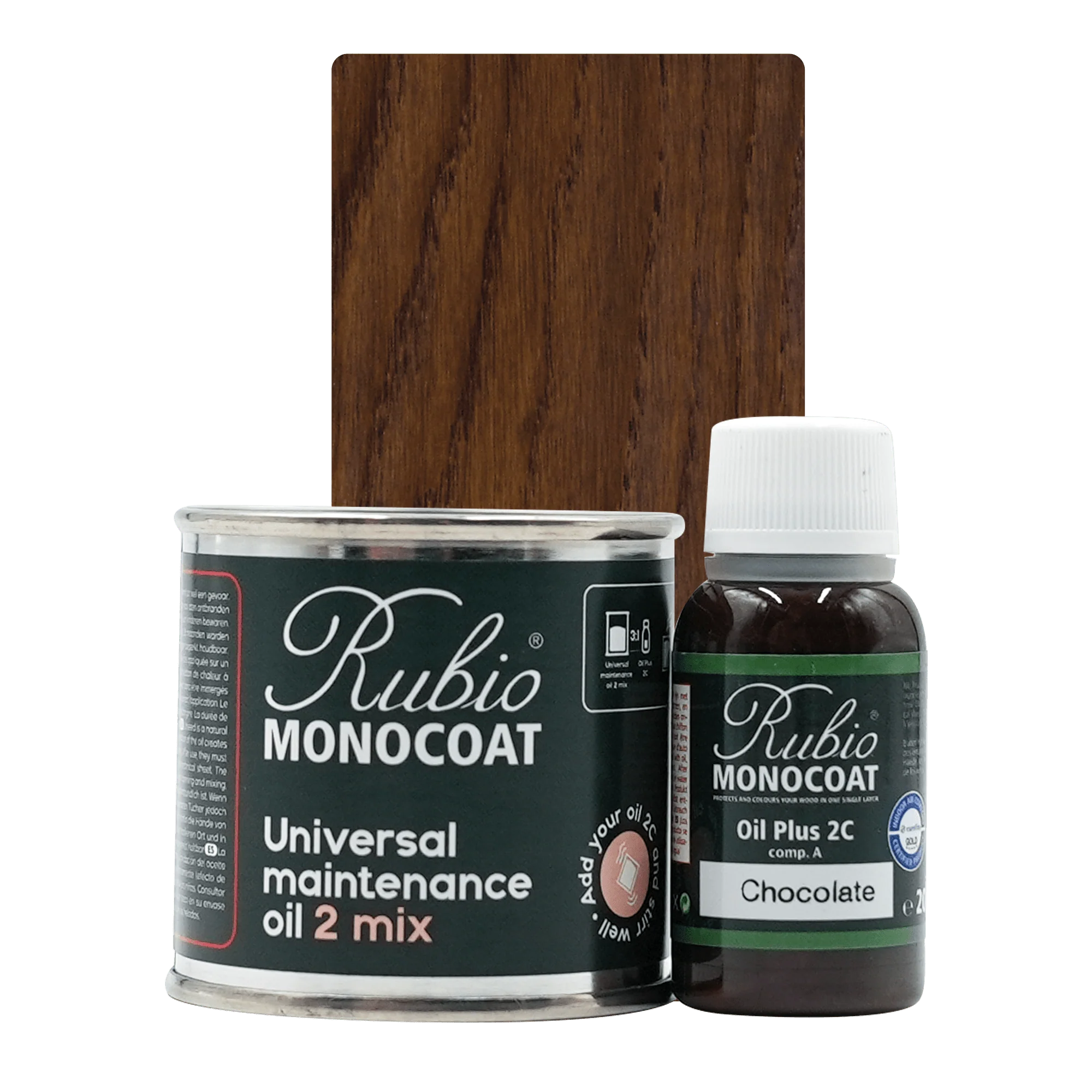Rubio Monocoat Universal Maintenance Oil 2 Mix sæt med dåse og flaske i chocolate farve.