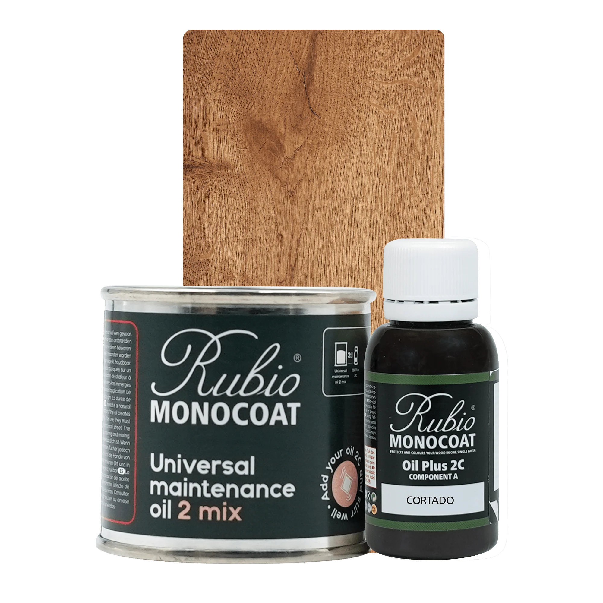 Rubio Monocoat Universal Maintenance Oil 2 Mix i dåse og flaske med træprøve i varm brun tone Cortado.