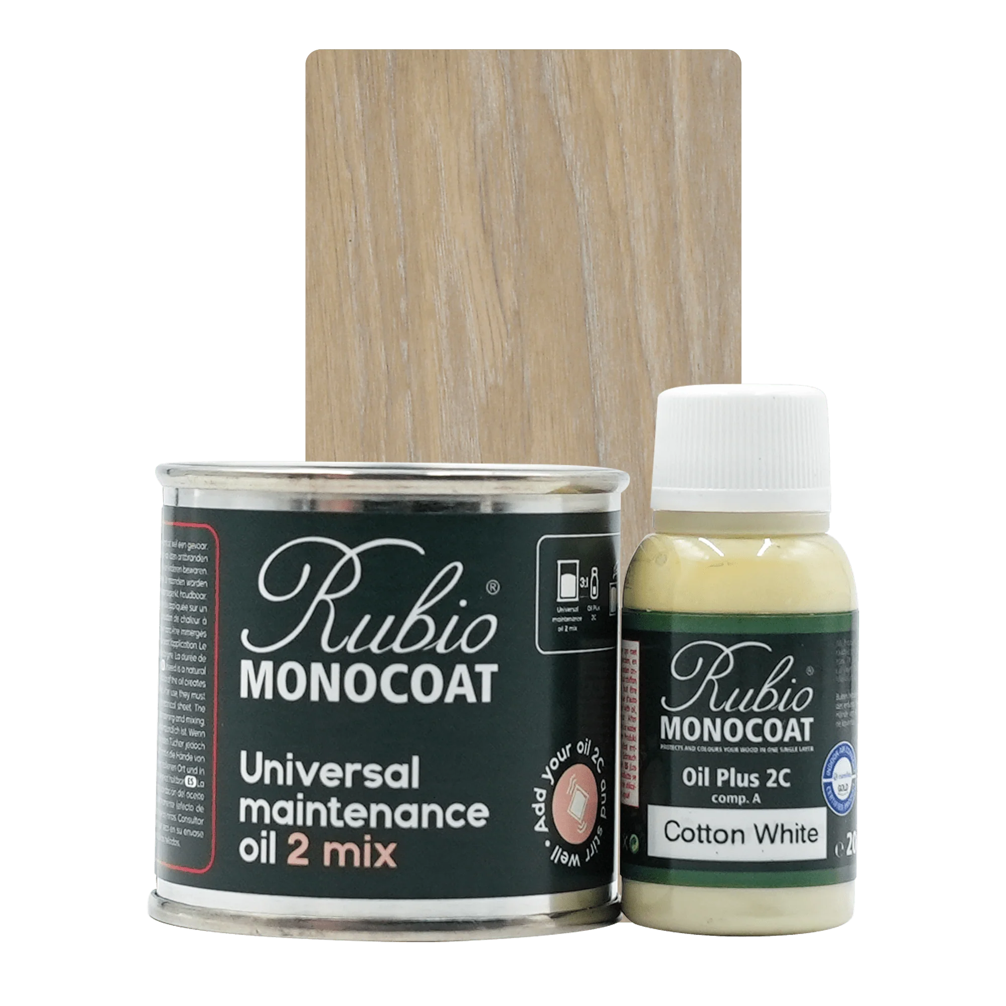 Rubio Monocoat Universal Maintenance Oil 2 Mix sæt med møbelolie i dåse og flaske i hvid nuance, vist med træprøveplade.