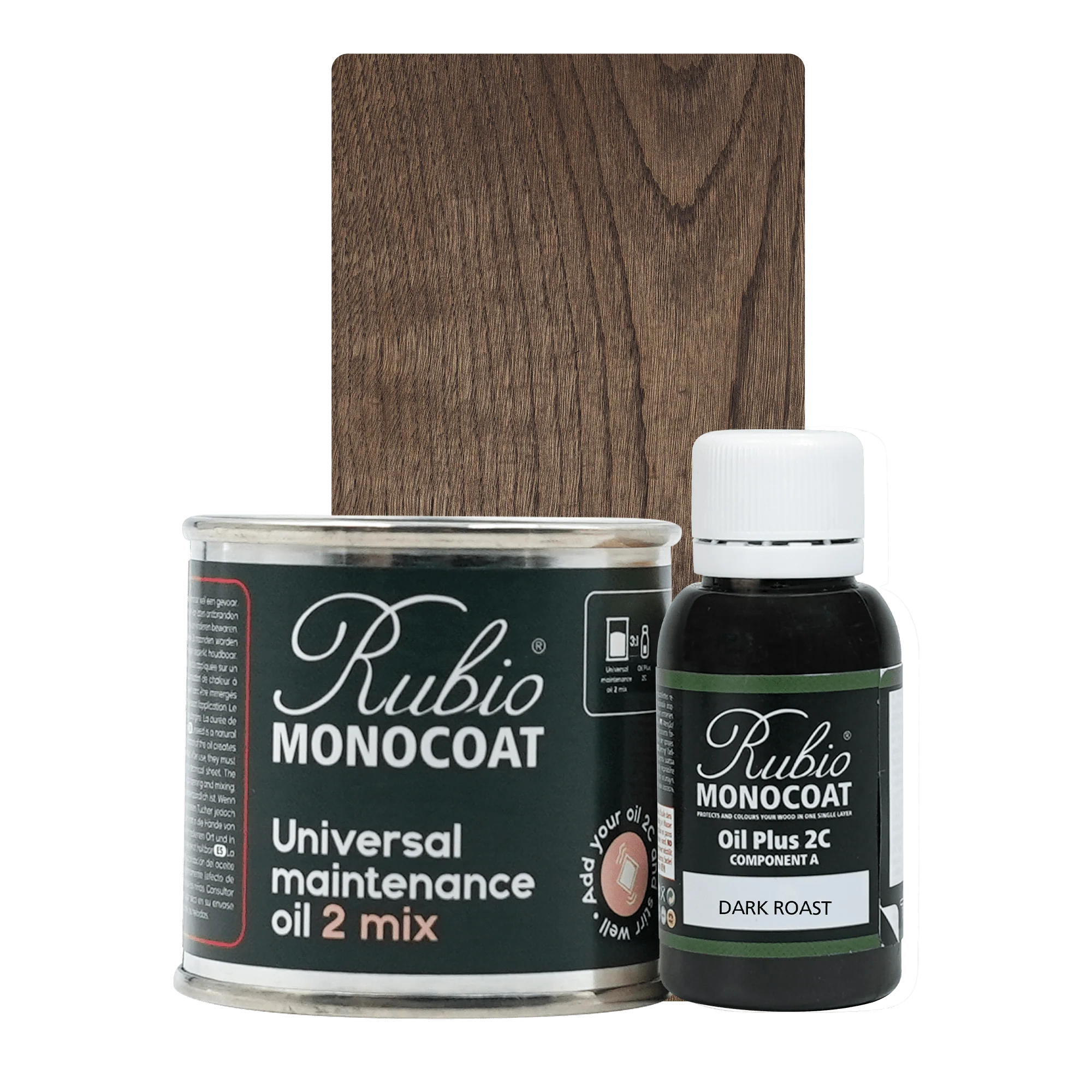 Rubio Monocoat Universal Maintenance Oil 2 Mix sæt med mørk træprøve og små/små dåser.