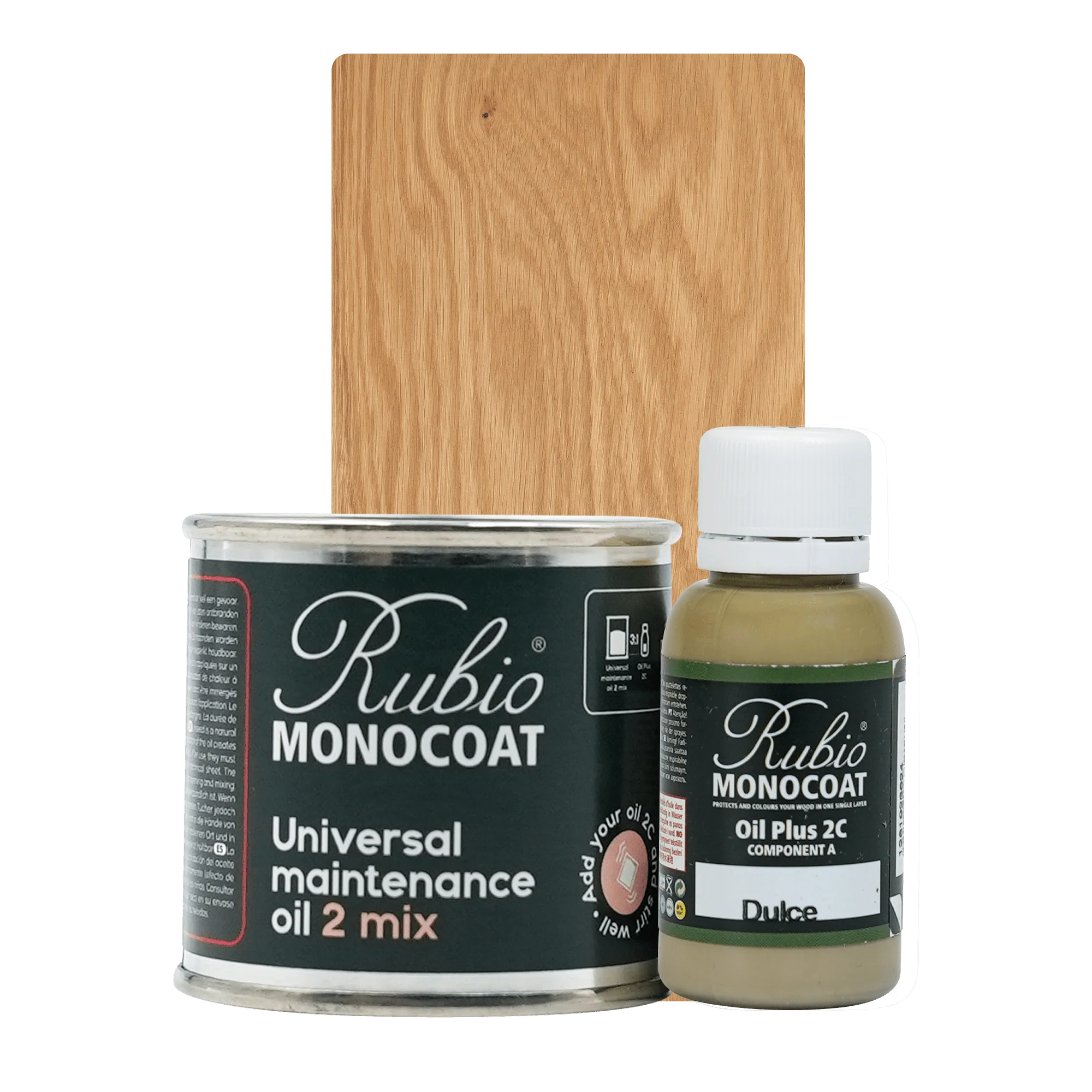 Rubio Monocoat Universal Maintenance Oil 2 Mix med dåse og lille flaske møbelolie i naturfarvet træfinish.