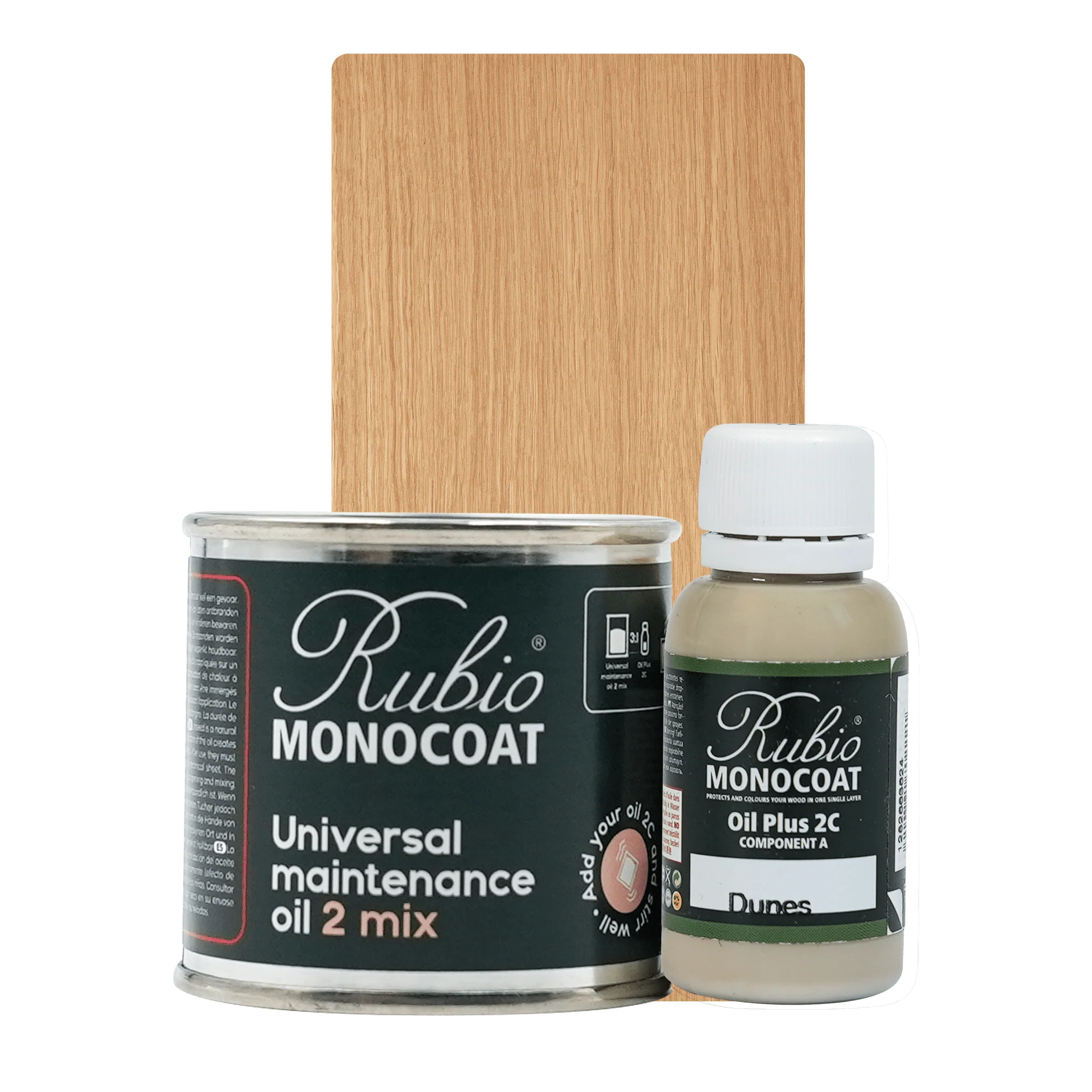 Rubio Monocoat Universal Maintenance Oil 2 Mix sæt med metalbeholder og lille flaske møbelolie ved træprøve i naturlig farve.