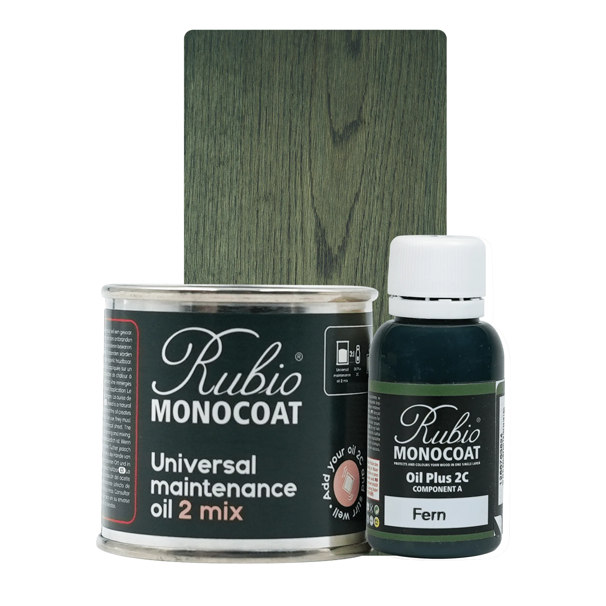 Rubio Monocoat Universal Maintenance Oil 2 Mix i Fern grøn, dåse og flaske med træprøve.