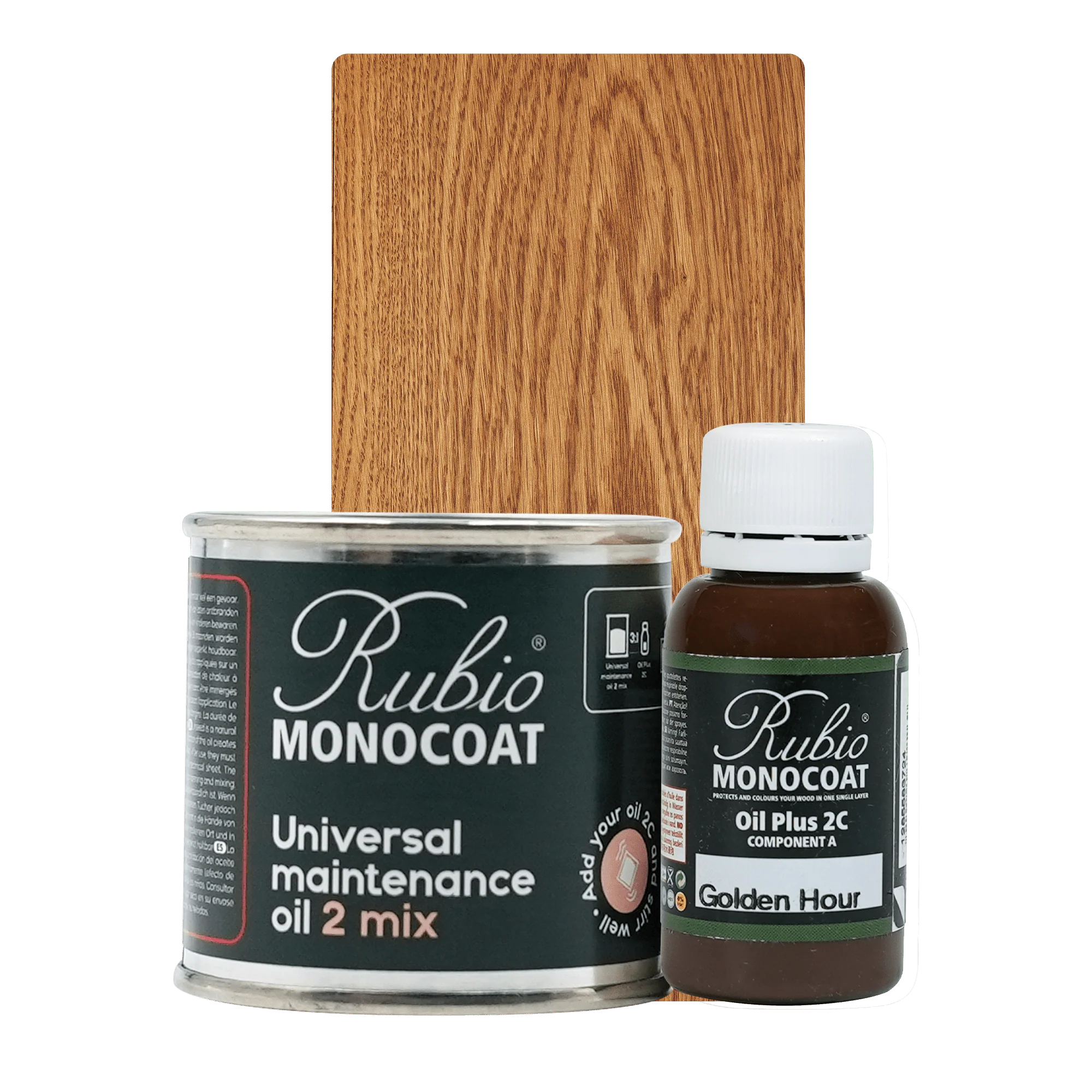 Rubio Monocoat Universal Maintenance Oil 2 Mix sæt med spand og flaske i Golden Hour farve.