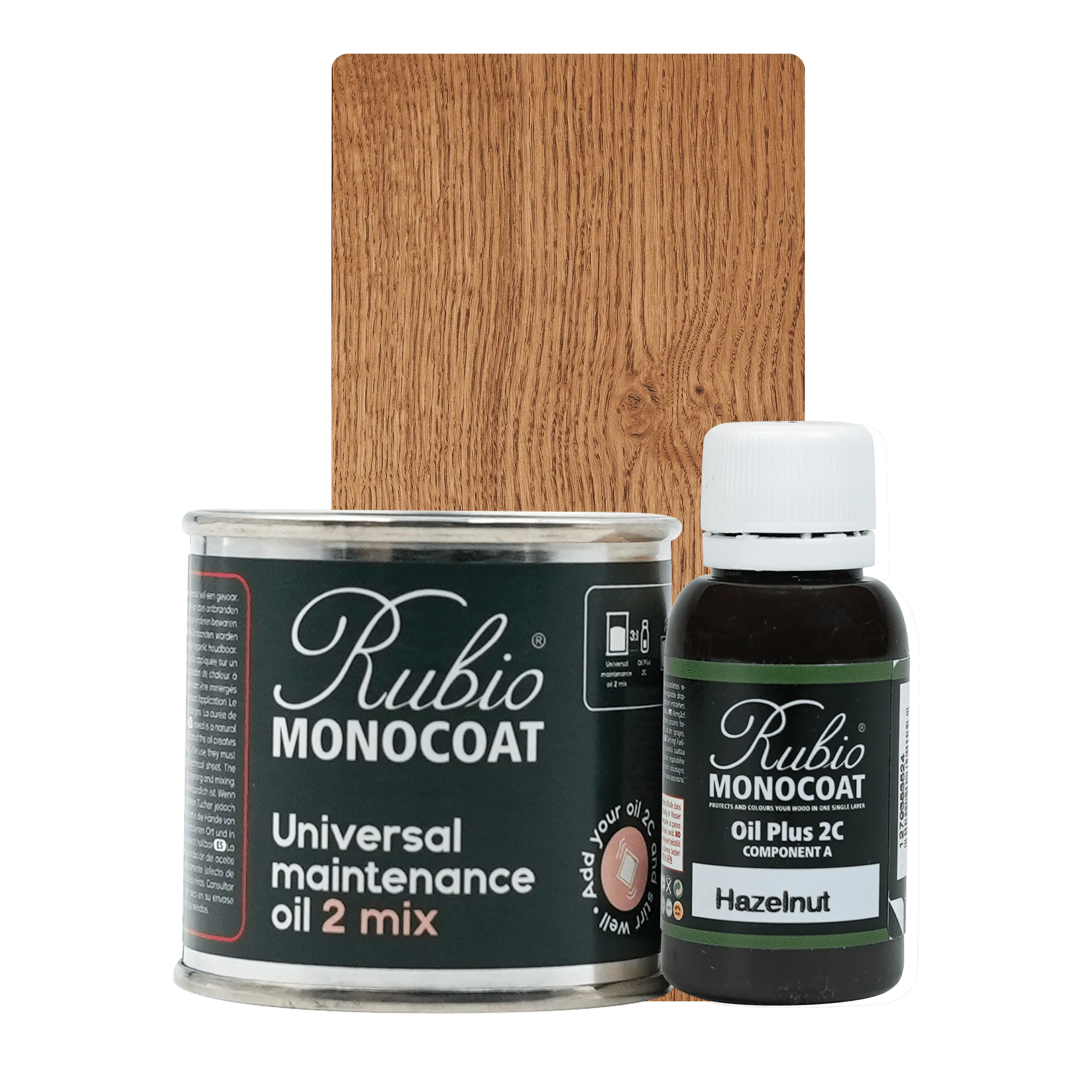 Rubio Monocoat træolie sæt med universal vedligeholdelsesolie og Oil Plus 2C i hasselnød farve foran træprøve.