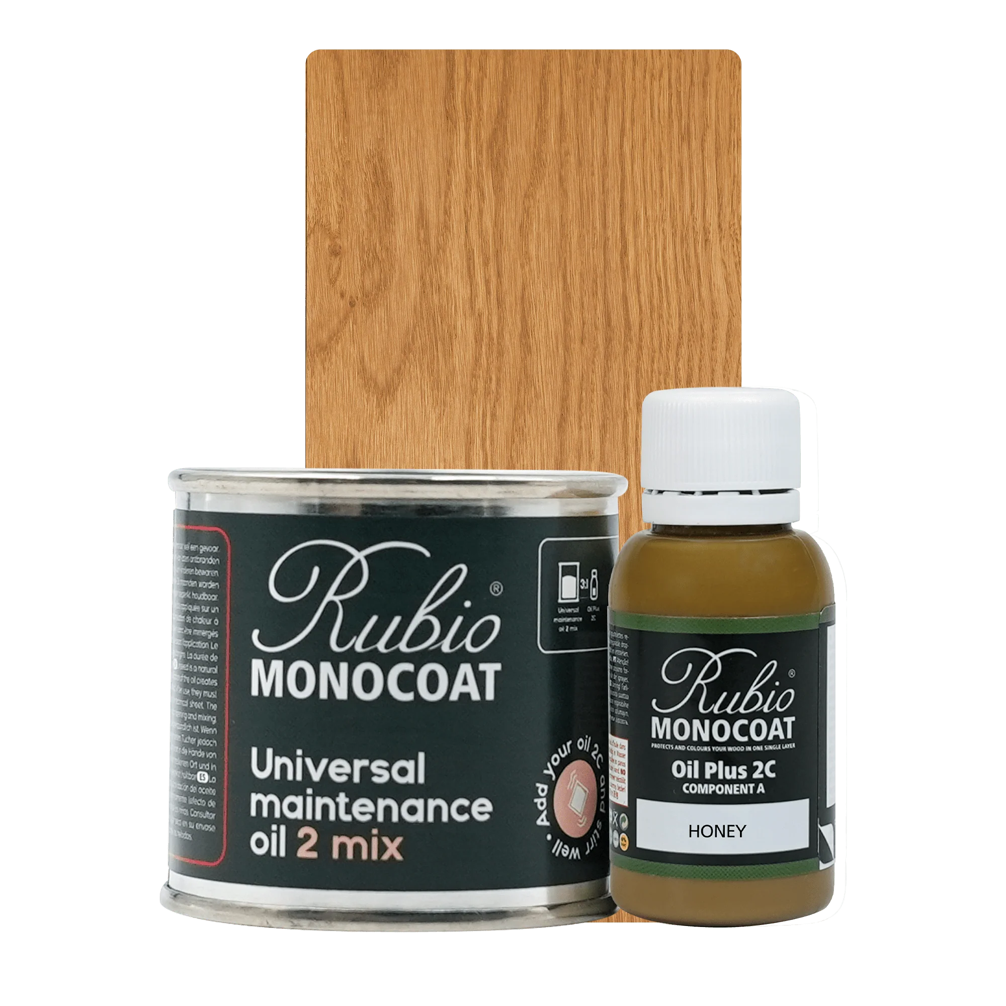 Rubio Monocoat Universal Maintenance Oil 2 Mix sæt med 400 ml dåse og 80 ml flaske møbelolie i honningfarve.