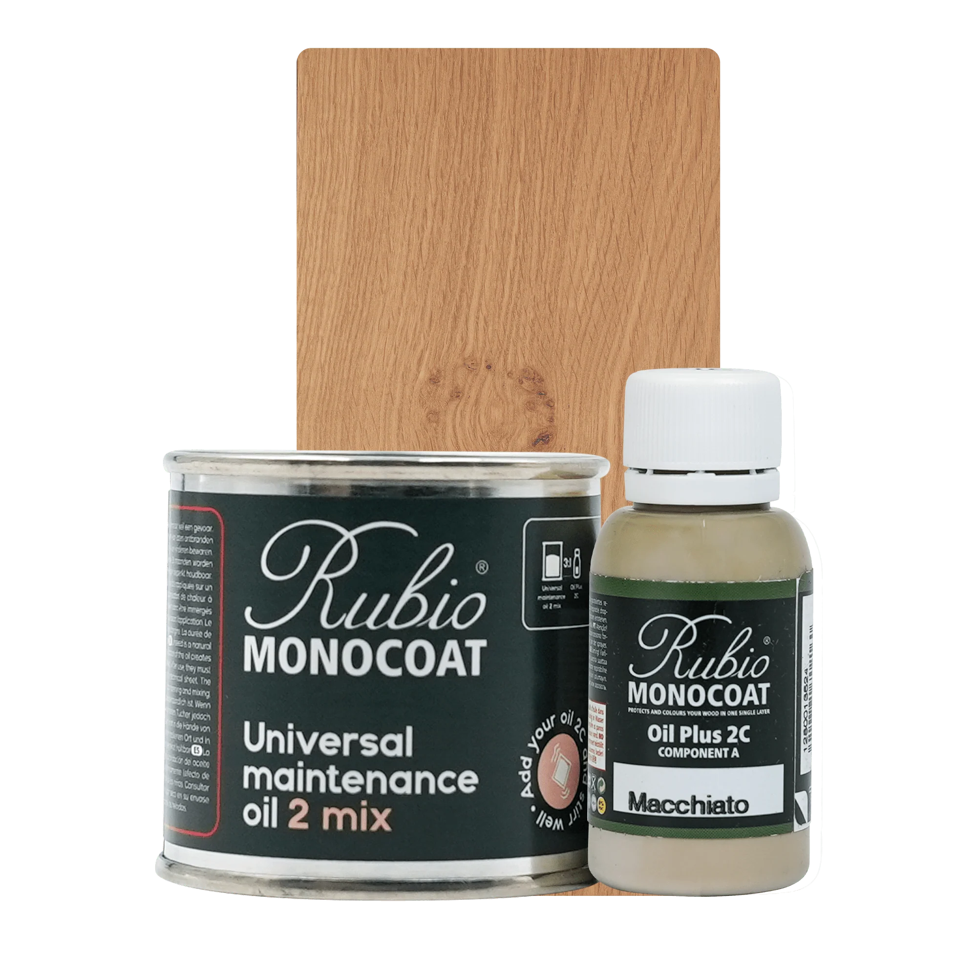 Rubio Monocoat Universal Maintenance Oil 2 Mix sæt med 400 ml dåse og 80 ml flaske i Macchiato træolievariant.
