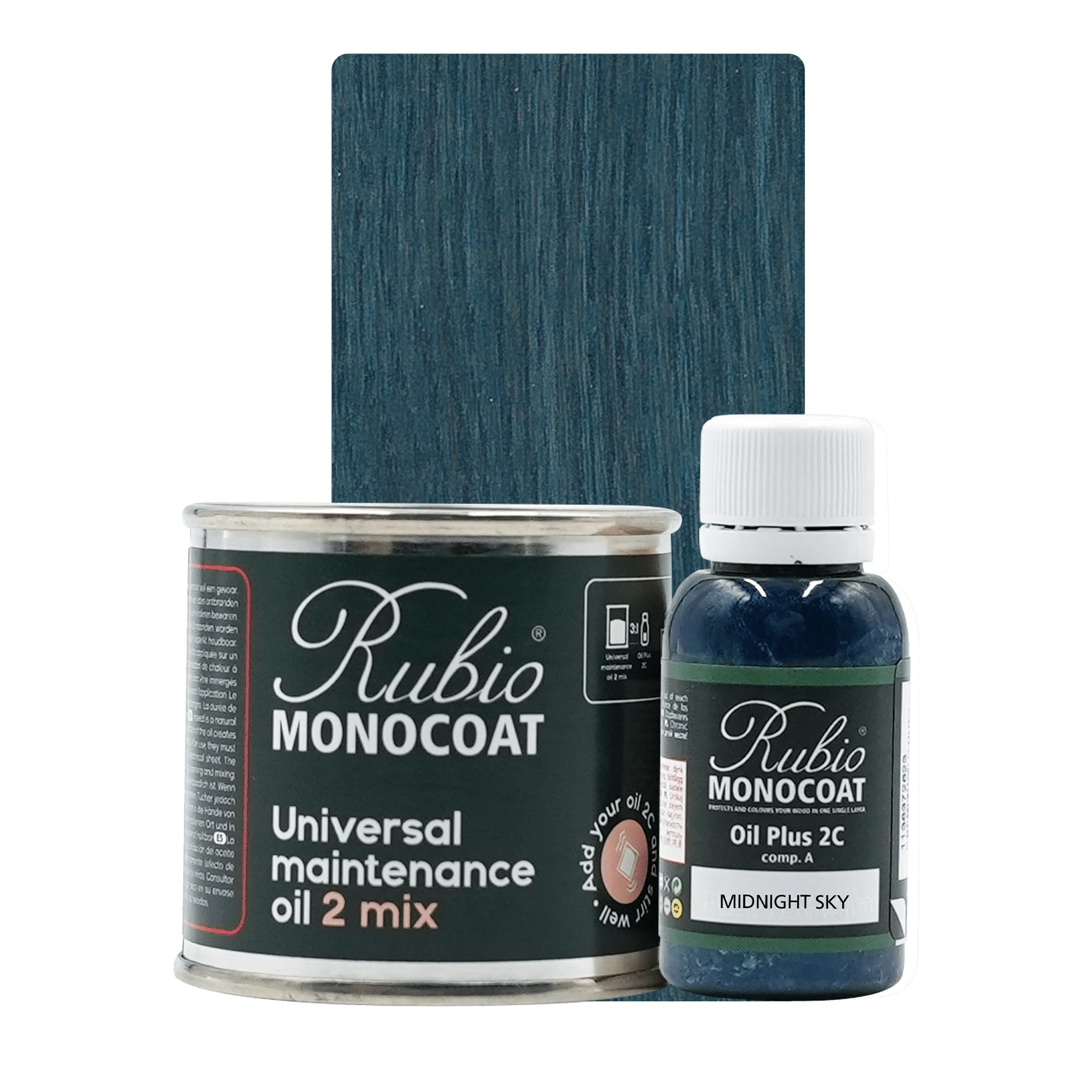 Rubio Monocoat Universal Maintenance Oil 2 Mix sæt med mørkeblå træprøve og to beholdere.