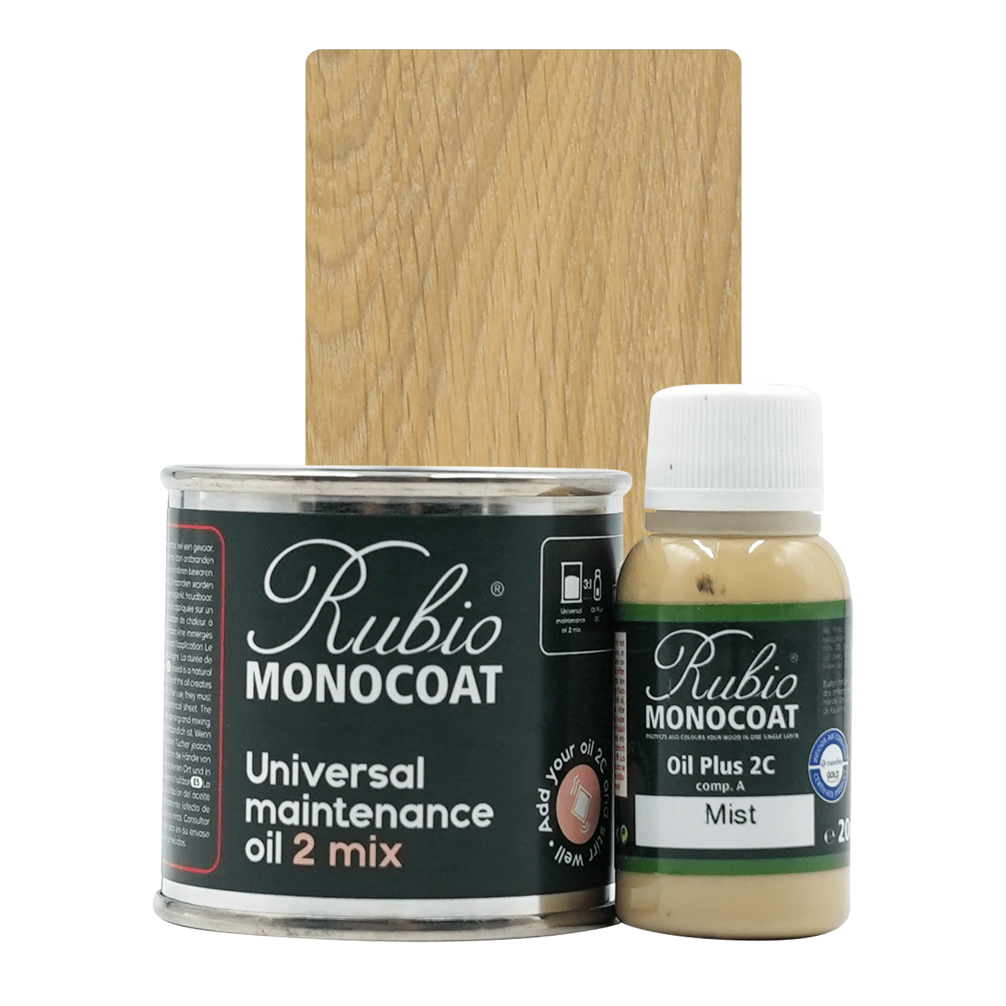 Rubio Monocoat Universal Maintenance Oil 2 Mix i dåse og flaske med træprøve i lys mist-farve.