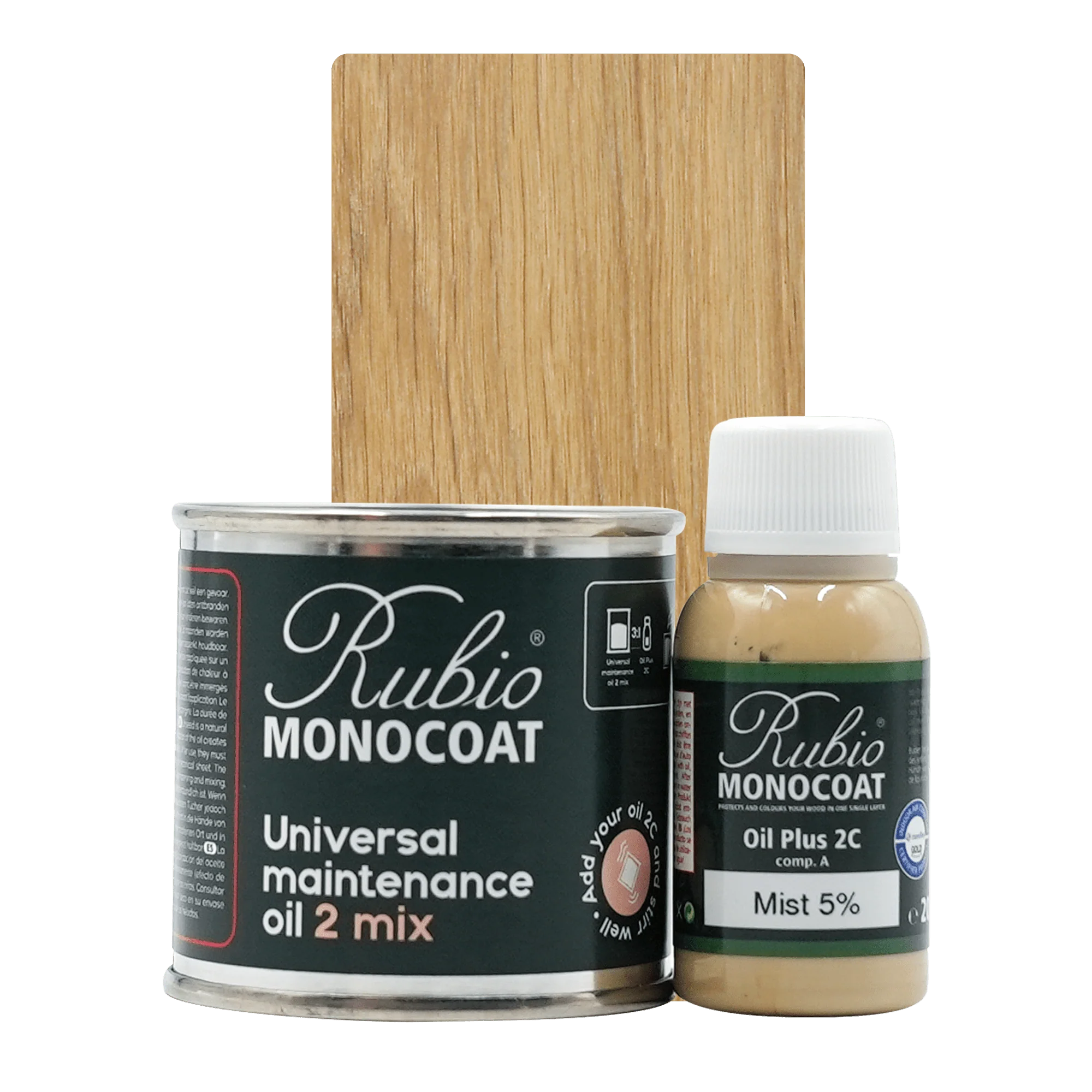 Rubio Monocoat Universal Maintenance Oil sæt med 400 ml og 80 ml flaske samt træprøve i naturlig finish.