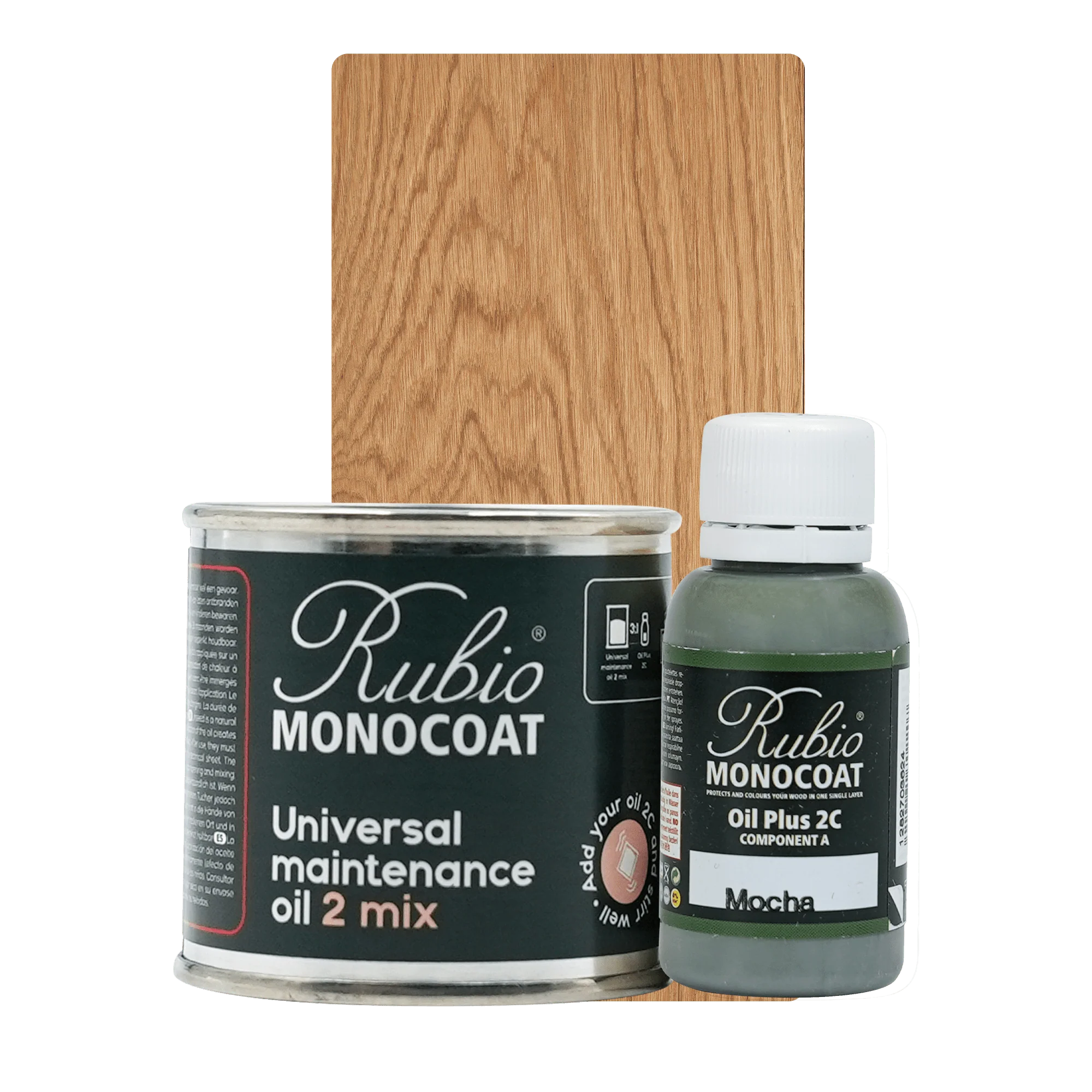 Rubio Monocoat Universal Maintenance Oil 2 Mix i dåse og flaske med træprøve i baggrunden.