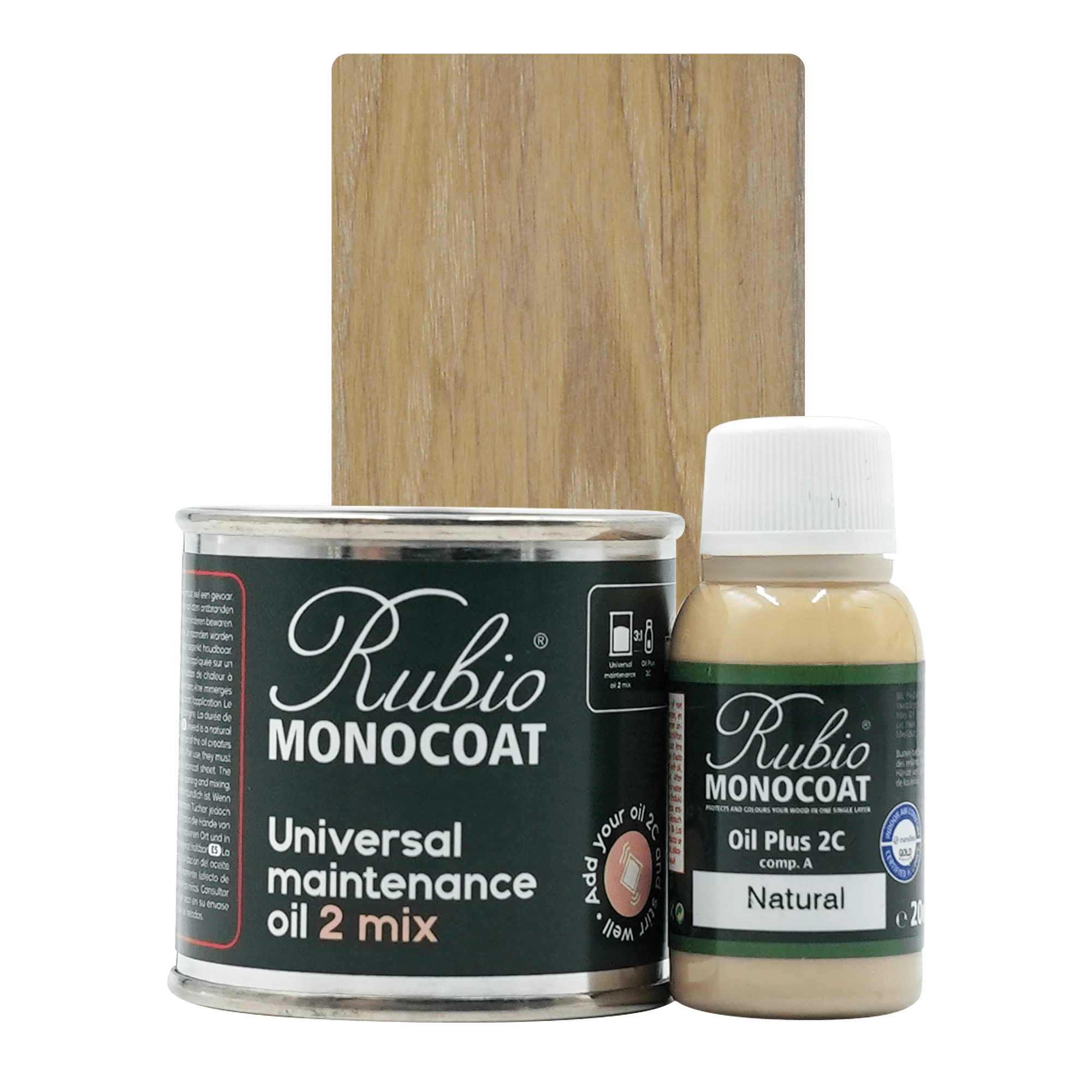 Rubio Monocoat Universal Maintenance Oil 2 Mix i dåse og flaske til træmøbler, naturel finish.