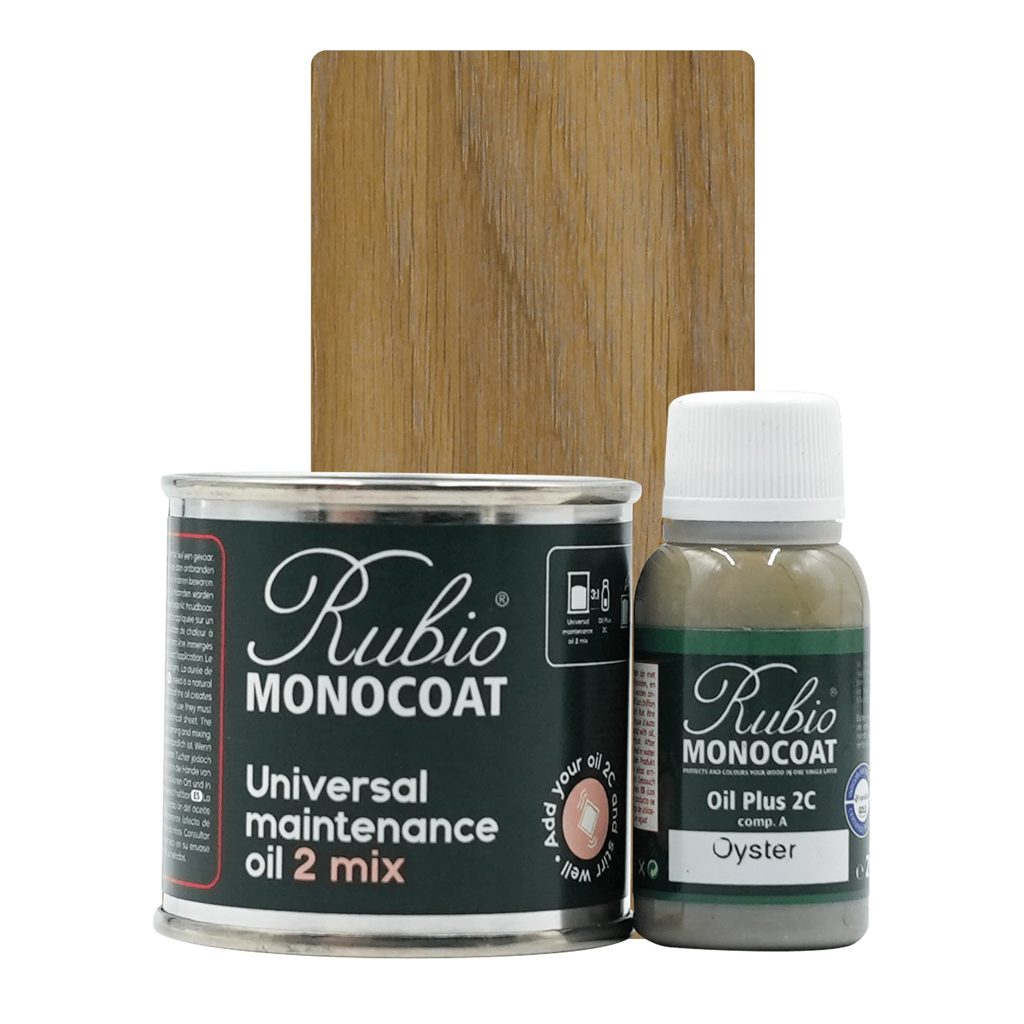 Rubio Monocoat Universal Maintenance Oil 2 Mix dåse og flaske med træprøve baggrund.