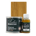 Rubio Monocoat Universal Maintenance Oil 2 Mix i metal- og plastdåser med træprøve bagved.