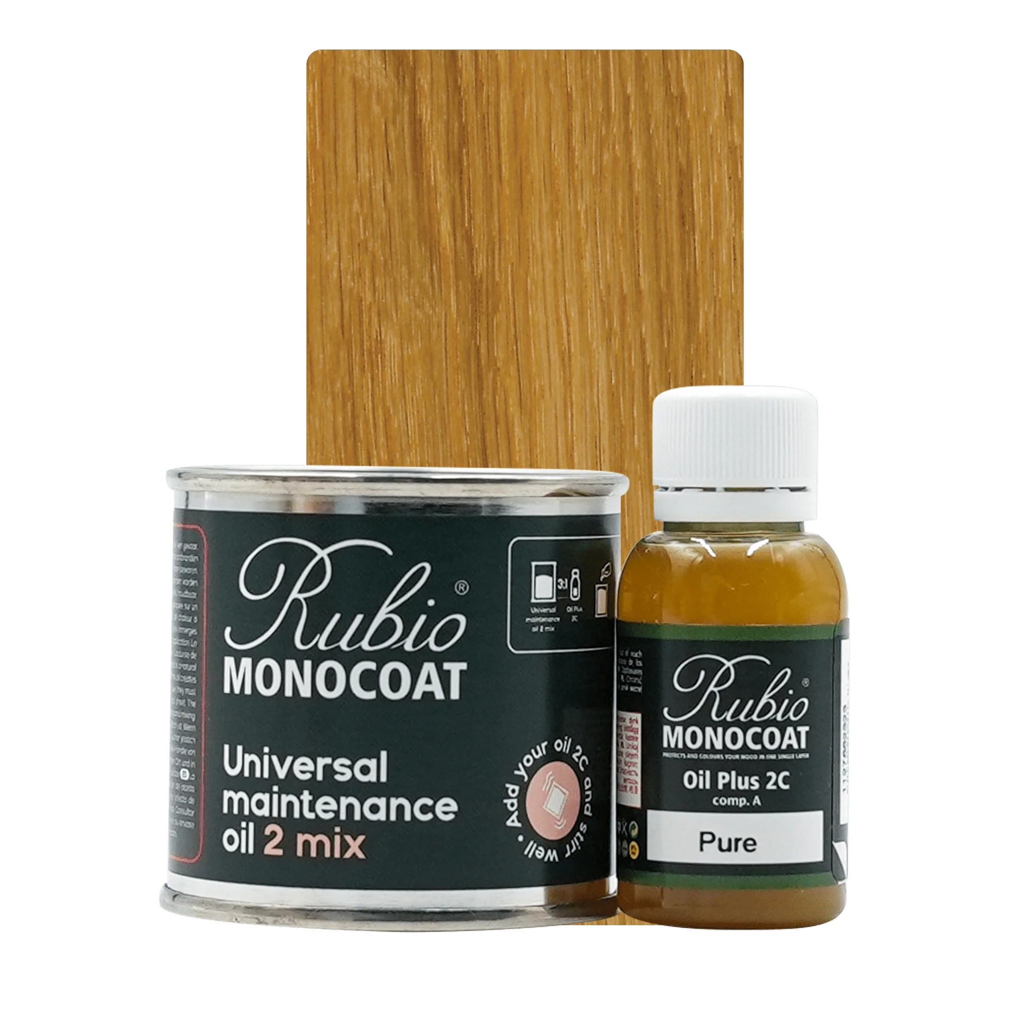 Rubio Monocoat Universal Maintenance Oil 2 Mix i metal- og plastdåser med træprøve bagved.