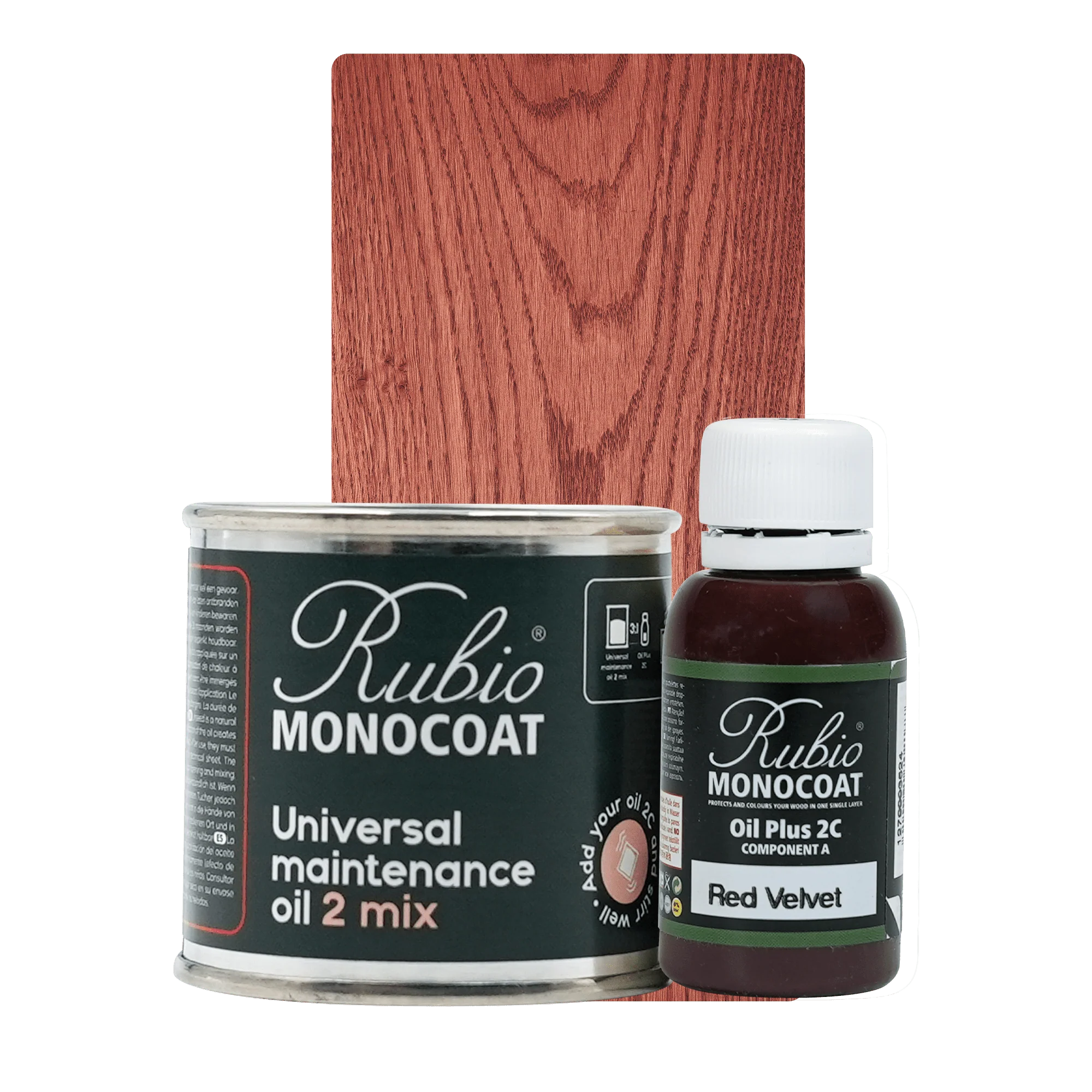 Rubio Monocoat møbelolie sæt med Universal Maintenance Oil 2 Mix i dåse og flaske, nuance Red Velvet, plus træprøve.