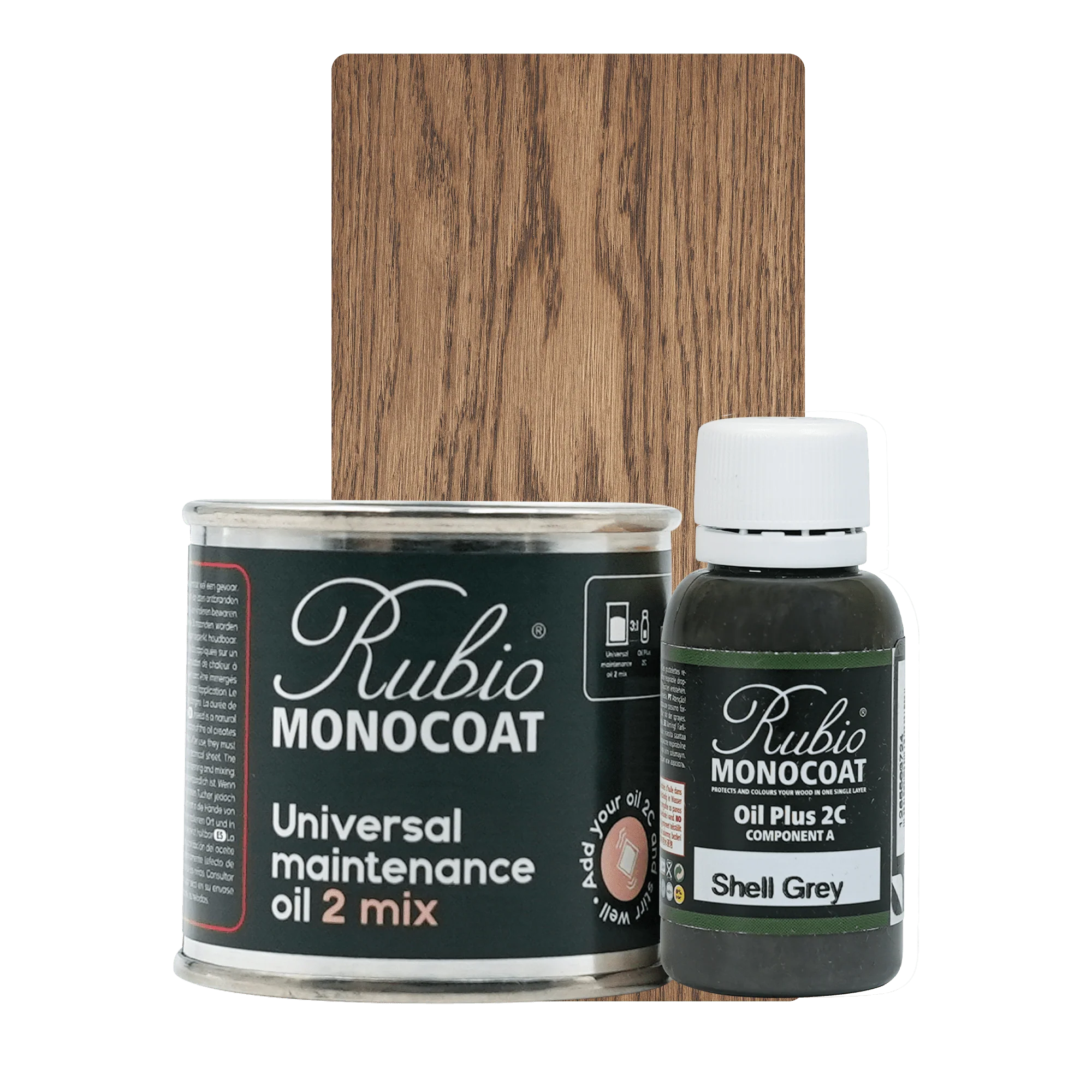 Rubio Monocoat Universal Maintenance Oil 2 Mix i shell grey, dåse og flaske, ved siden af træprøveplade.