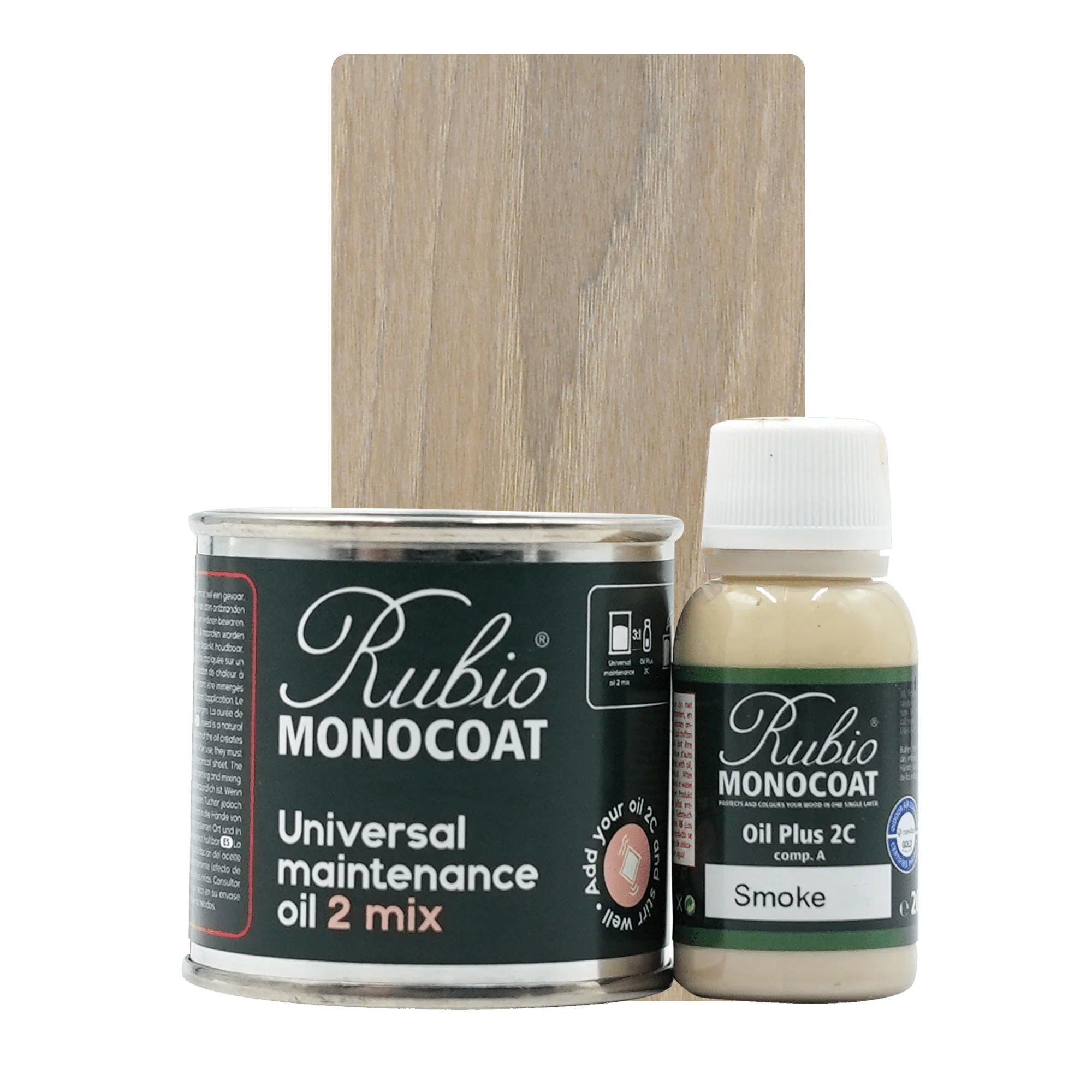 Rubio Monocoat Universal Maintenance Oil og Oil Plus 2C med træprøve i lys naturlig tone.