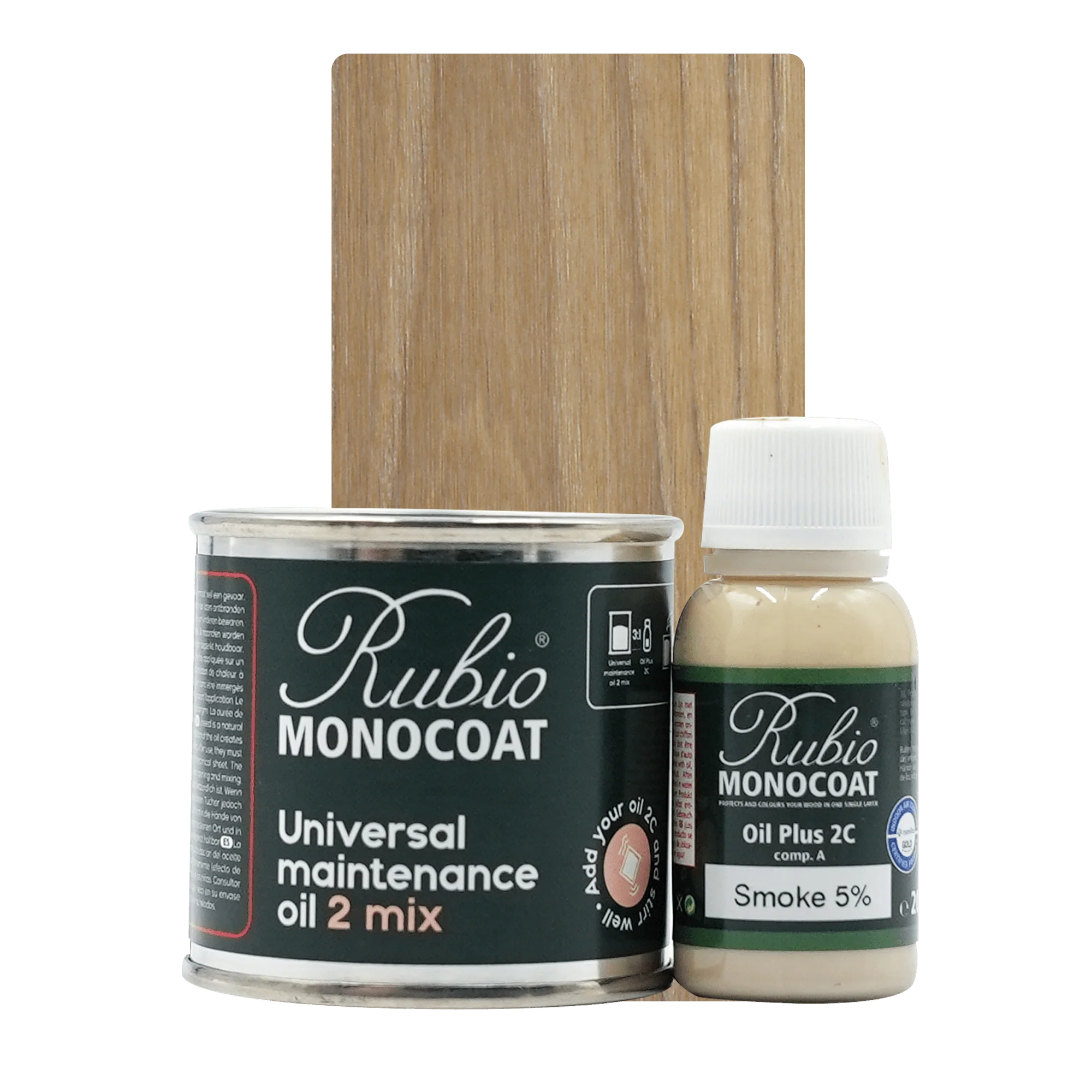 Rubio Monocoat Universal Maintenance Oil 2 Mix sæt med dåse og flaske, sort og beige labels.