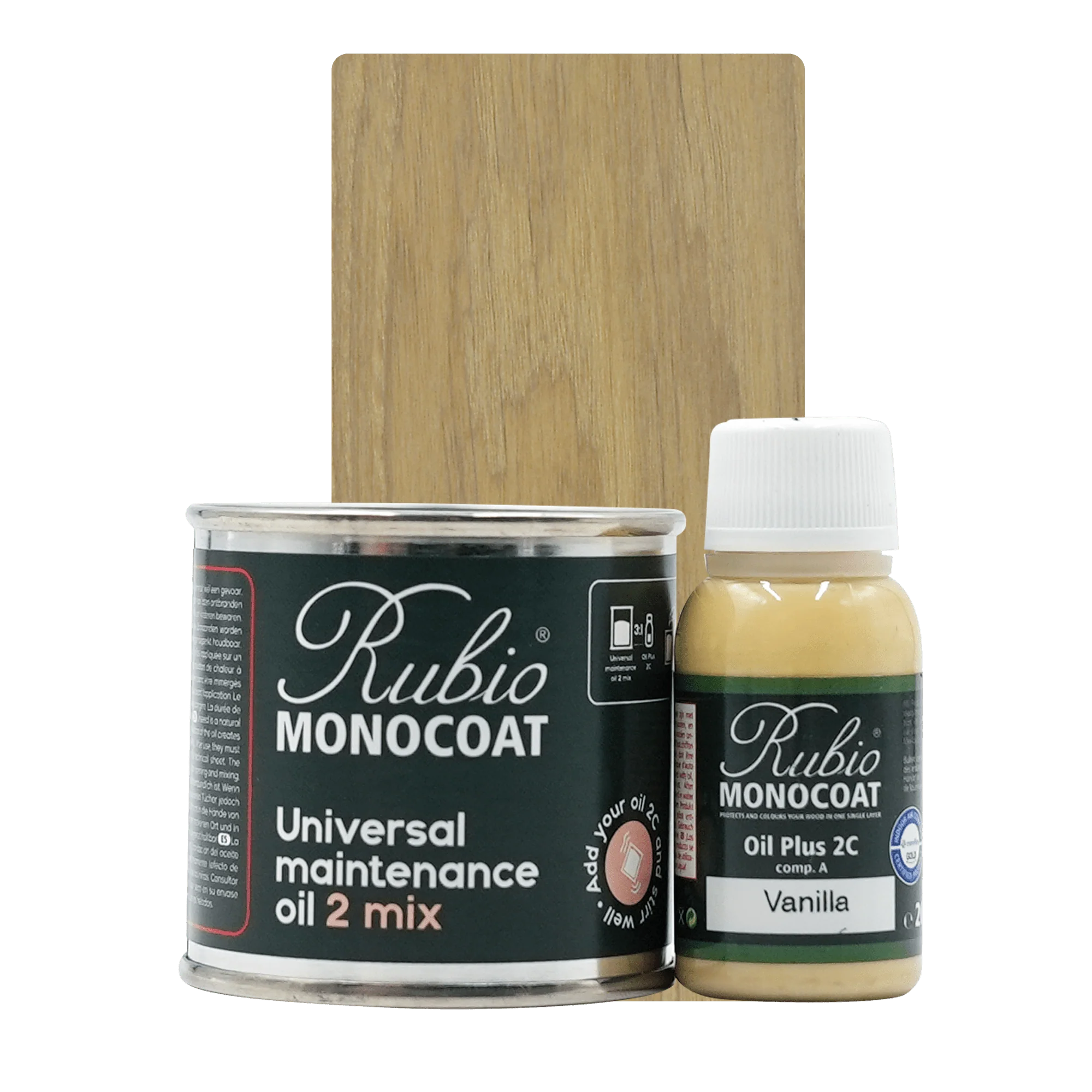 Rubio Monocoat Universal Maintenance Oil sæt med 400 ml dåse og 80 ml flaske i naturlig træfarve.