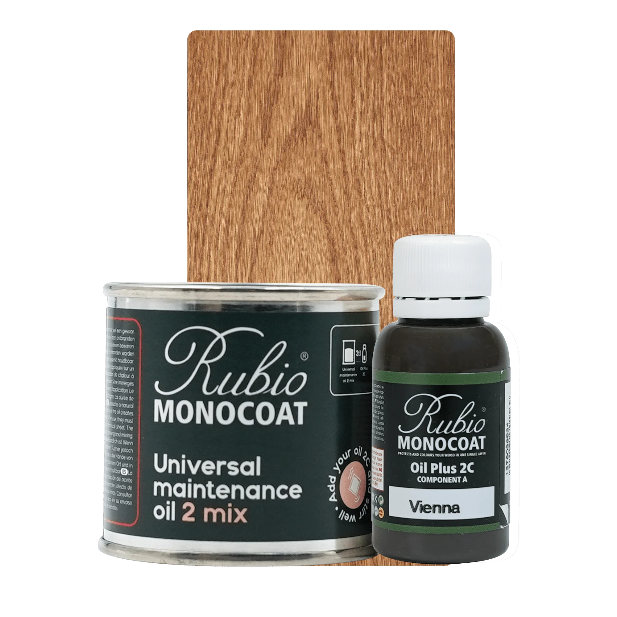Rubio Monocoat Universal Maintenance Oil sæt med 400 ml dåse og 80 ml flaske i Vienna farve til træbehandling indendørs.