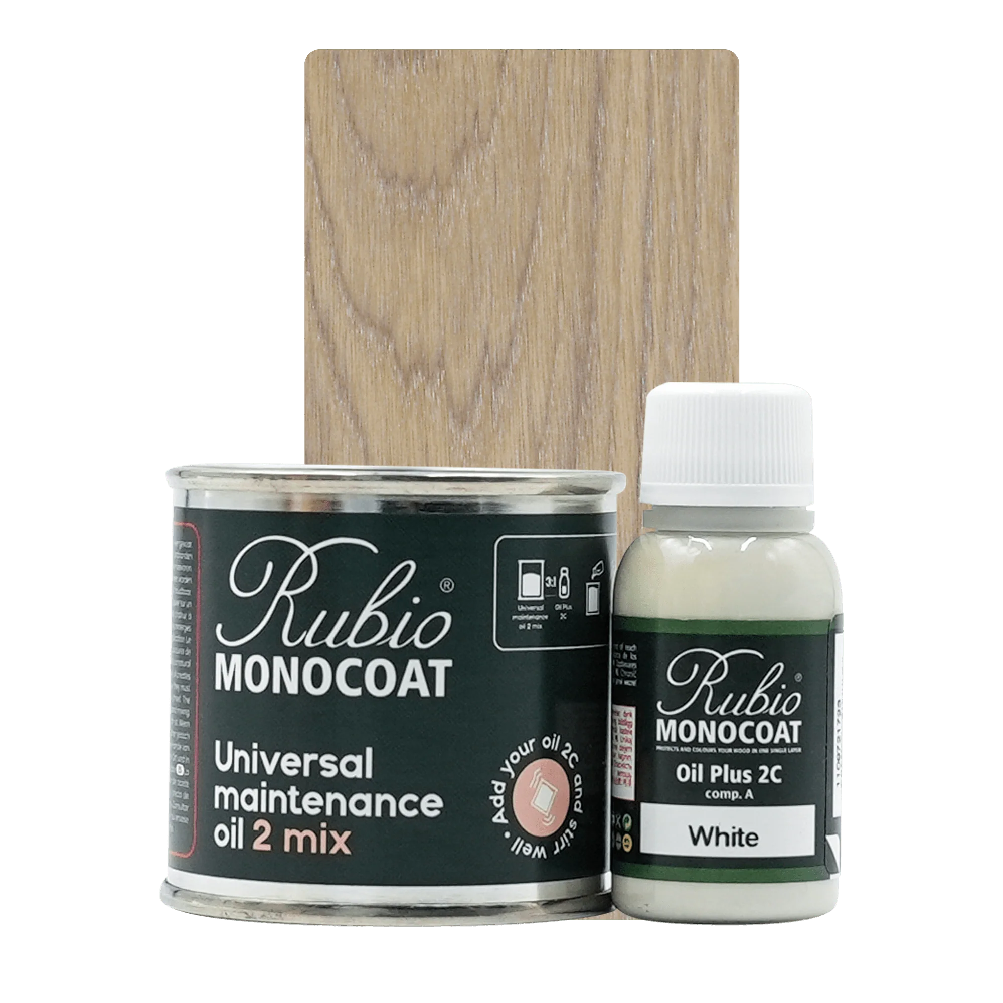 Rubio Monocoat Universal Maintenance Oil 2 Mix dåse og flaske med lysegråt træprøve.