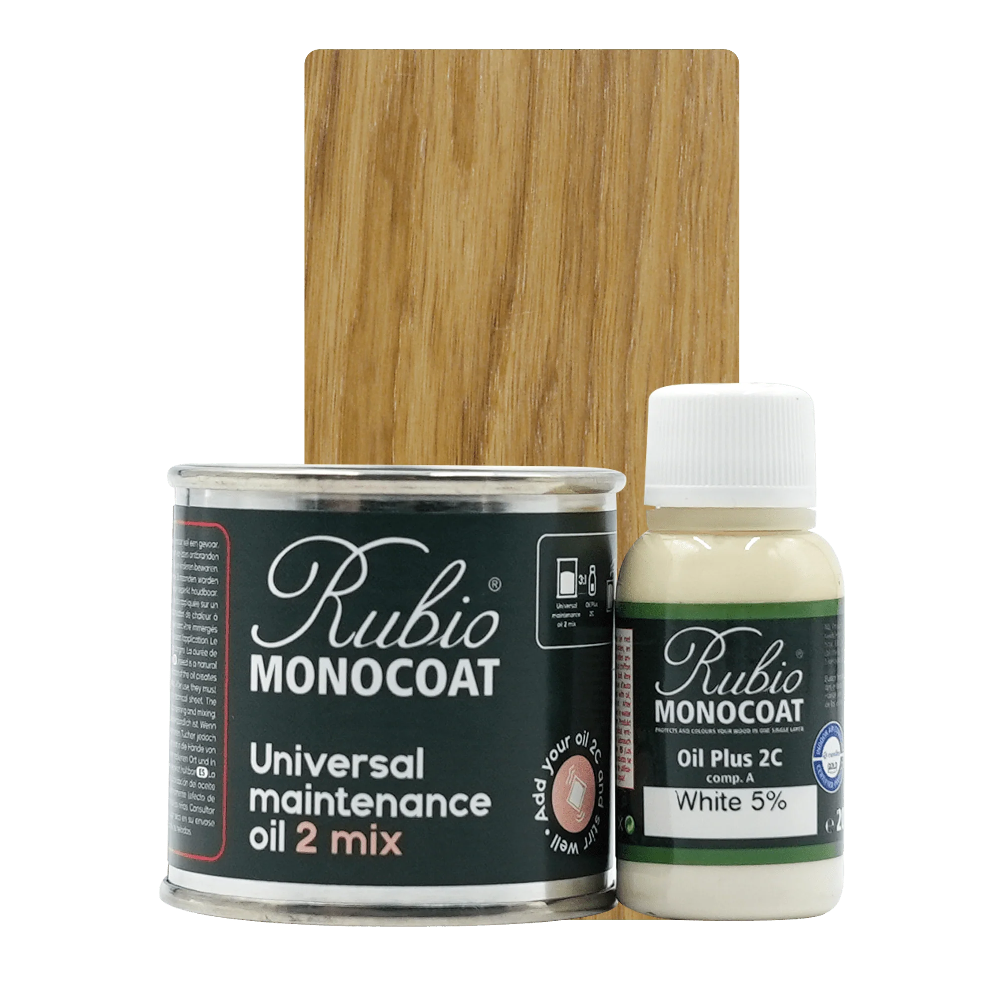 Sæt med Rubio Monocoat Universal Maintenance Oil 2 Mix i dåse og flaske med hvid farve 5% til træpleje indendørs.