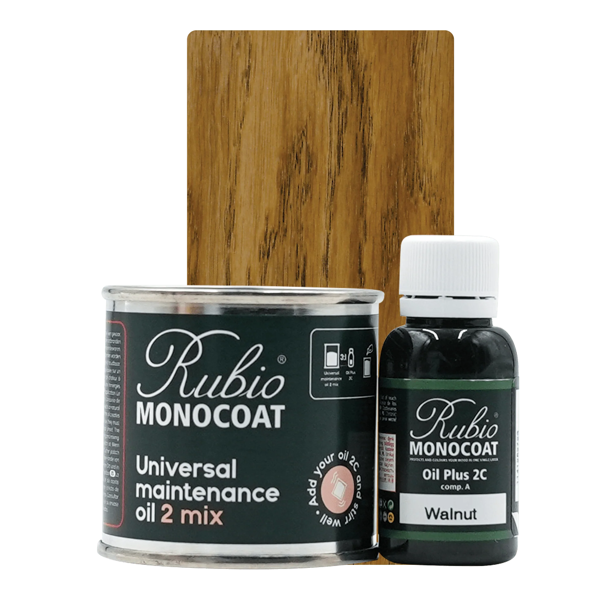 Rubio Monocoat Universal Maintenance Oil 2 Mix dåse med mørk træprøve og flaske Oil Plus 2C.