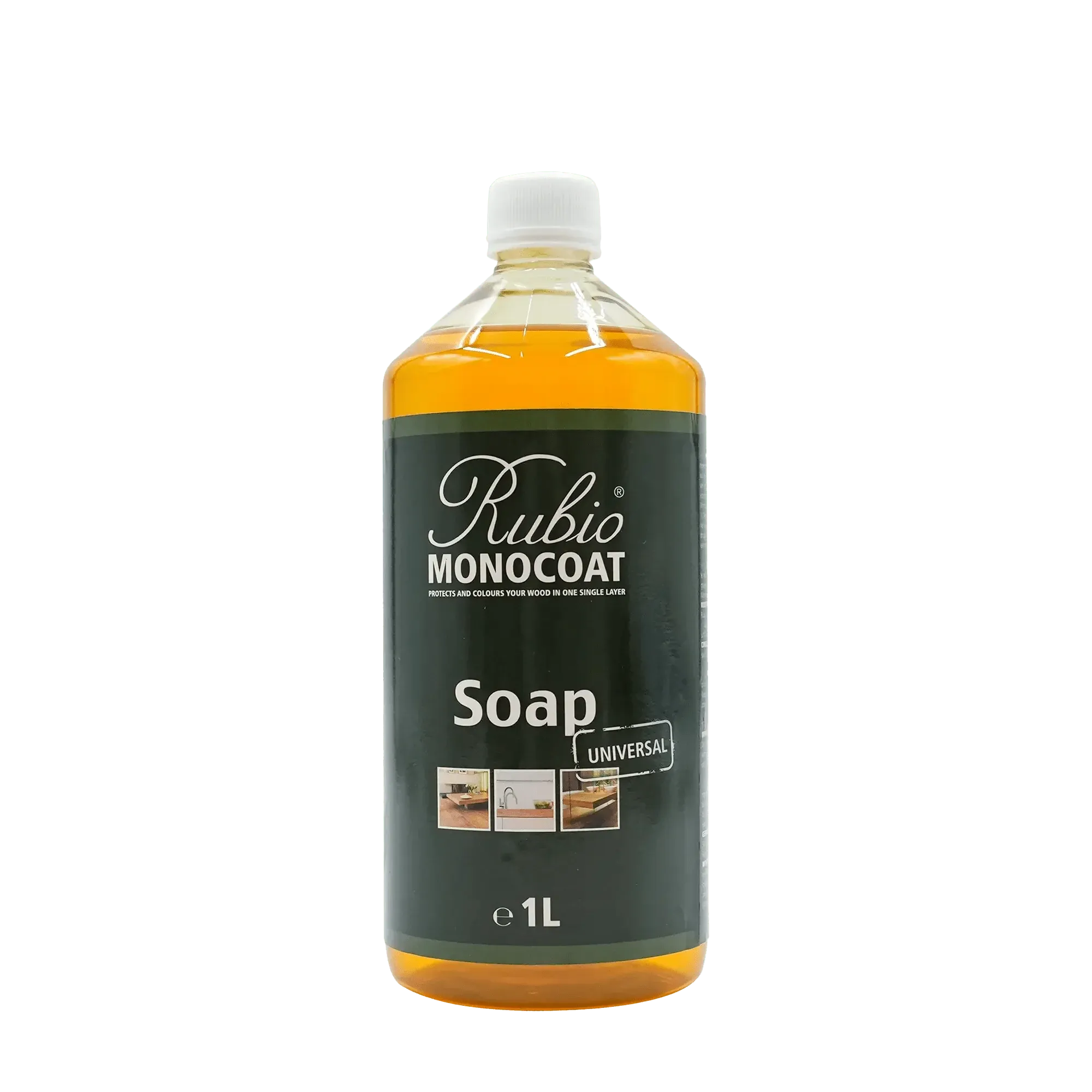 Gennemsigtig plastflaske med gul væske og sort etiket, 1 liter Rubio Monocoat Universal Soap.