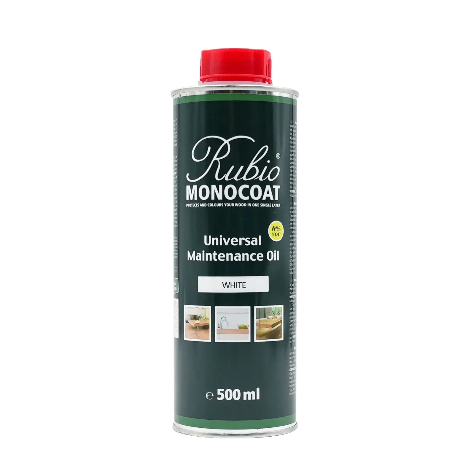 Rubio Monocoat Universal Maintenance Oil 500 ml hvid træolie med rød hætte.