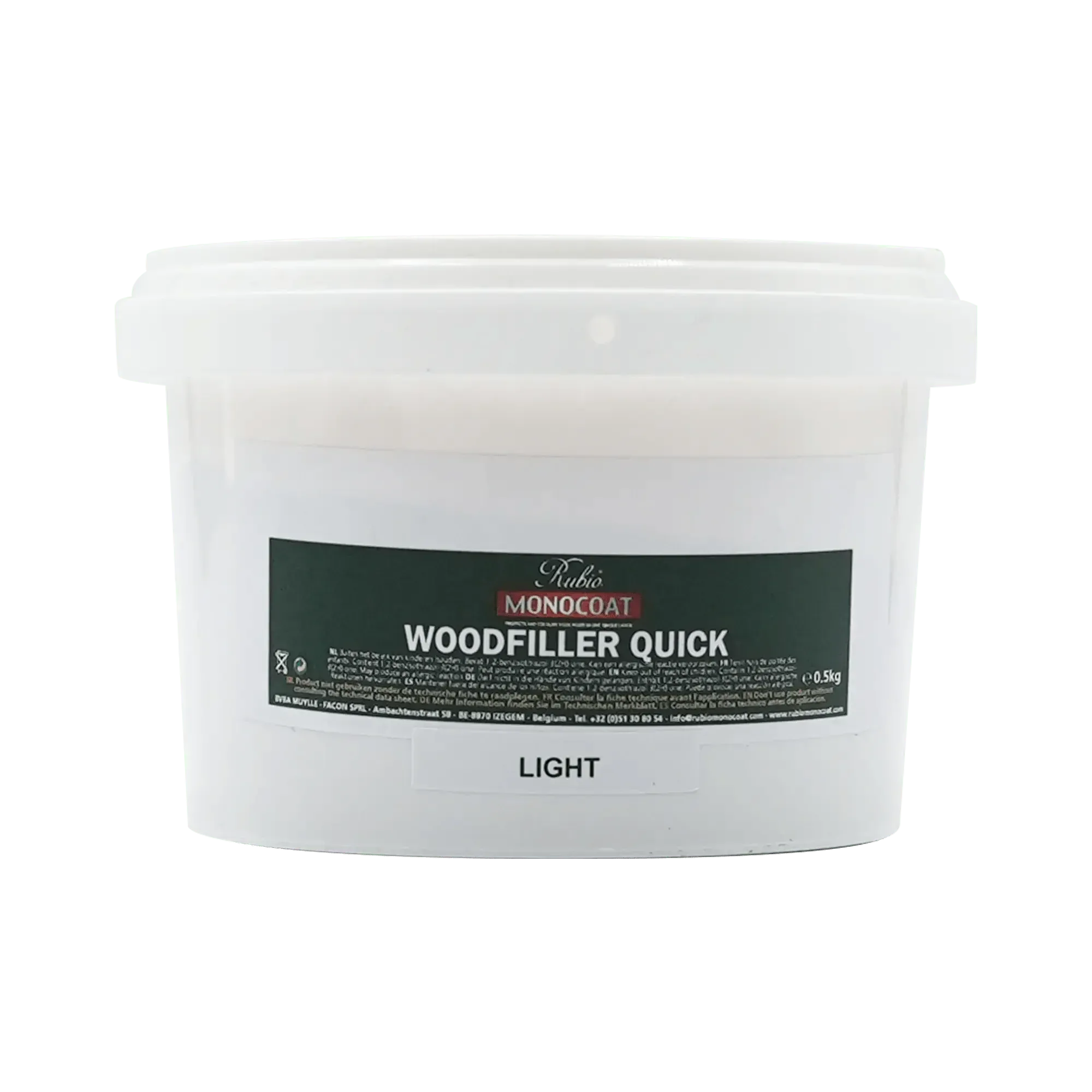 Hvid plastspand med låg, label med tekst "Woodfiller Quick Light" til træspartel fra Rubio Monocoat.