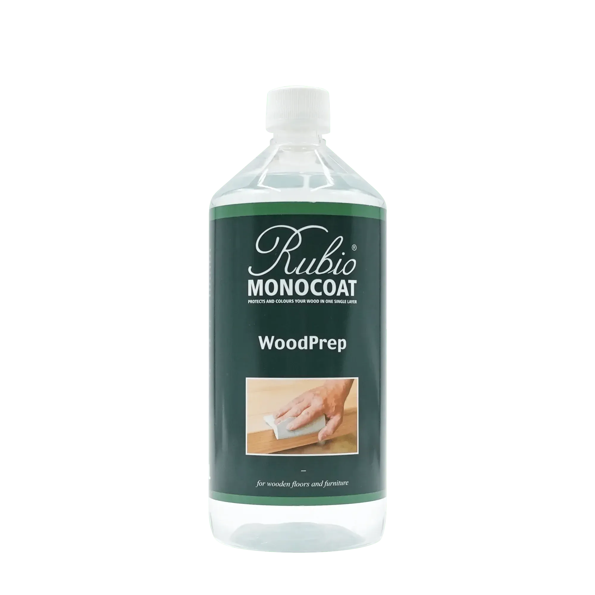 Rubio Monocoat WoodPrep træforberedelsesvæske i klar plastflaske med grøn etikette og hvid skrift, 1 liter.