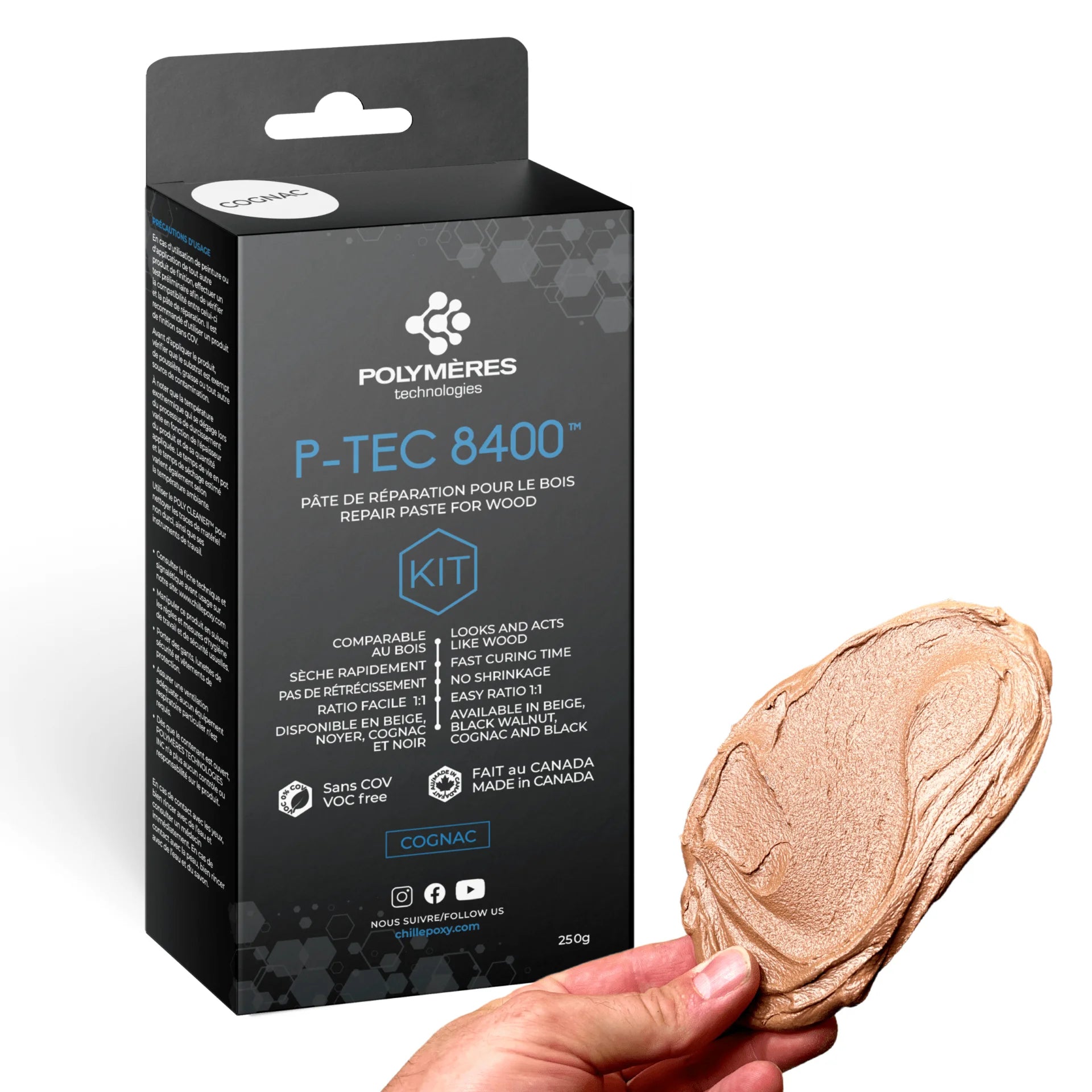 Sort P-TEC 8400 kit æske til reparation af træ med fødevaresikre træfiller og klæbemiddel, hånd holder beige træfiller.