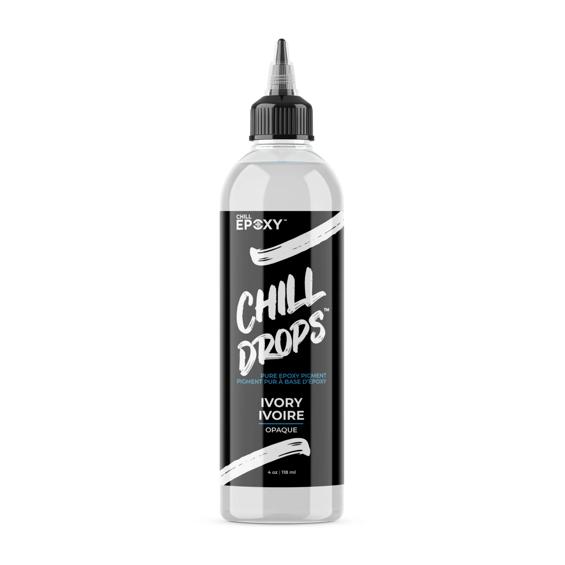 Flaske med hvid, ugennemsigtig epoxy pigment fra Chill Drops med præcisionsdyse.