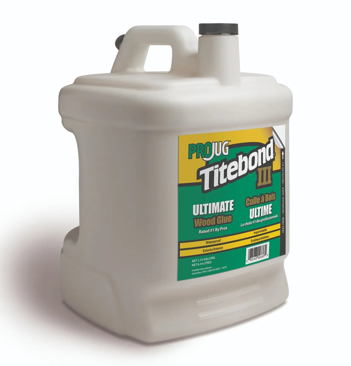 Hvid plastbeholder med håndtag og grøn label med Titebond III Ultimate trælim, 3,8 liter.