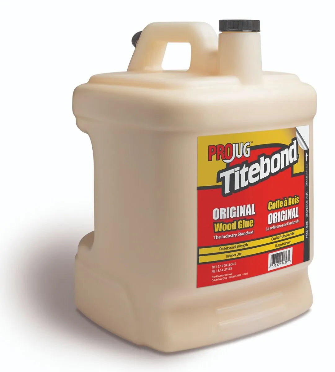 Stor beige plastbeholder med Titebond Original trælim og rød-gul etiket.