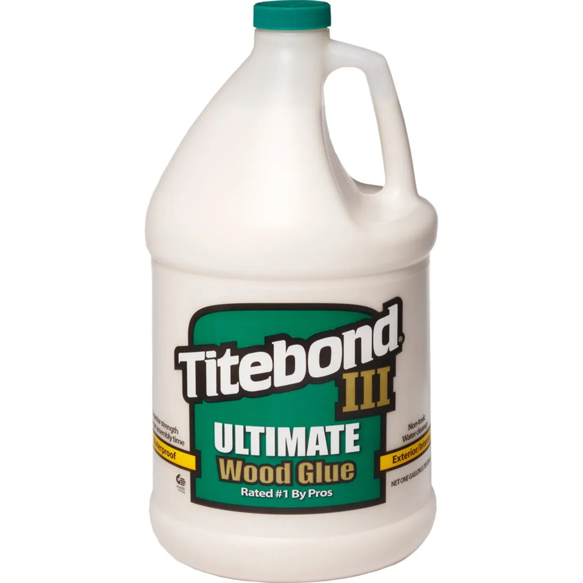 Hvid 3,8 liters flaske med grønt låg, Titebond III Ultimate trælim med håndtag.