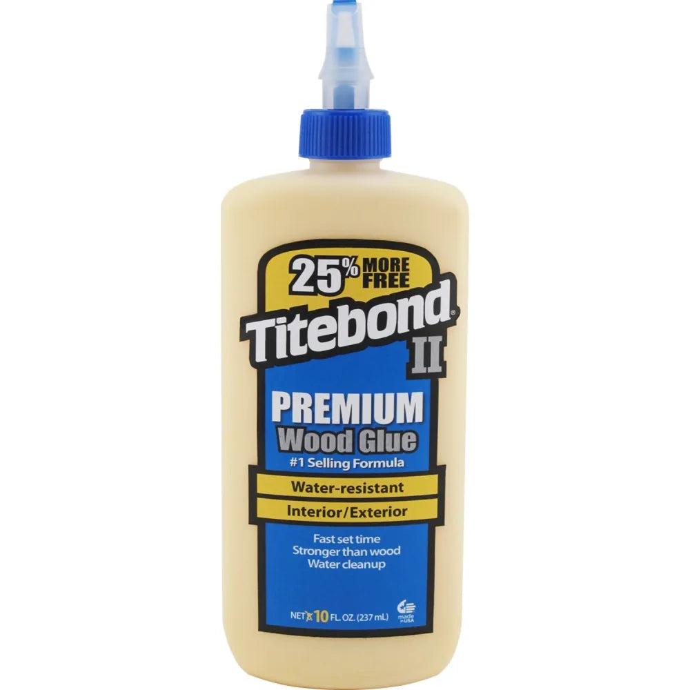Beige flaske med blå tudenæse med Titebond II Premium vandfast trælim label.