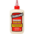 Flaske med Titebond Original trælim, hvid med rød hætte og sort, rød og gul etikette.